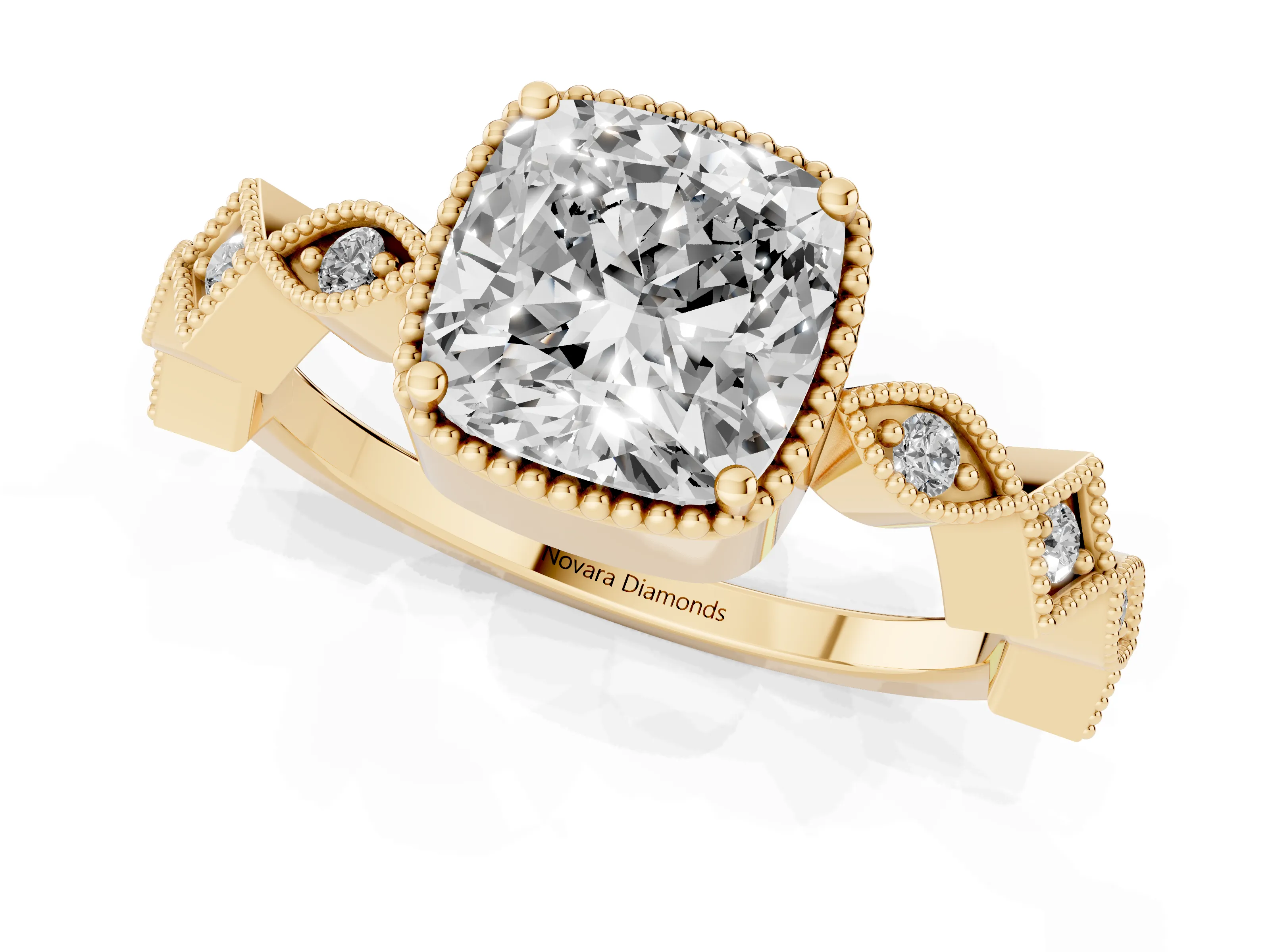 Cushion Cut Diamond Milgrain Marquise Twist Band Ring Set in Yellow gold with Prong Setting