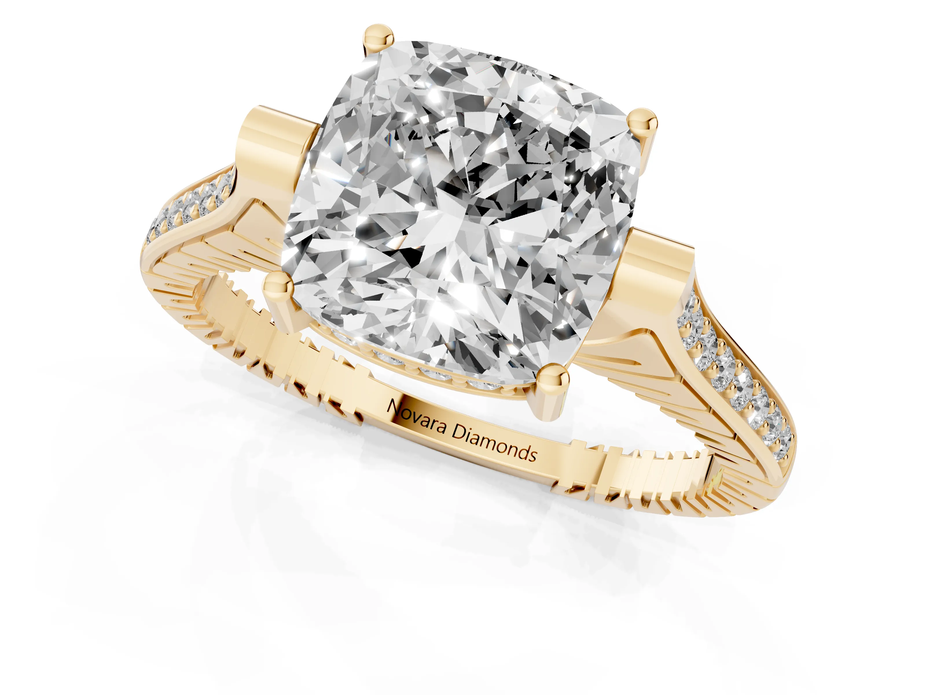 Cushion Cut Diamond Solitaire Ring Set in Yellow gold with Channel Set Band and Bezel Prong Setting