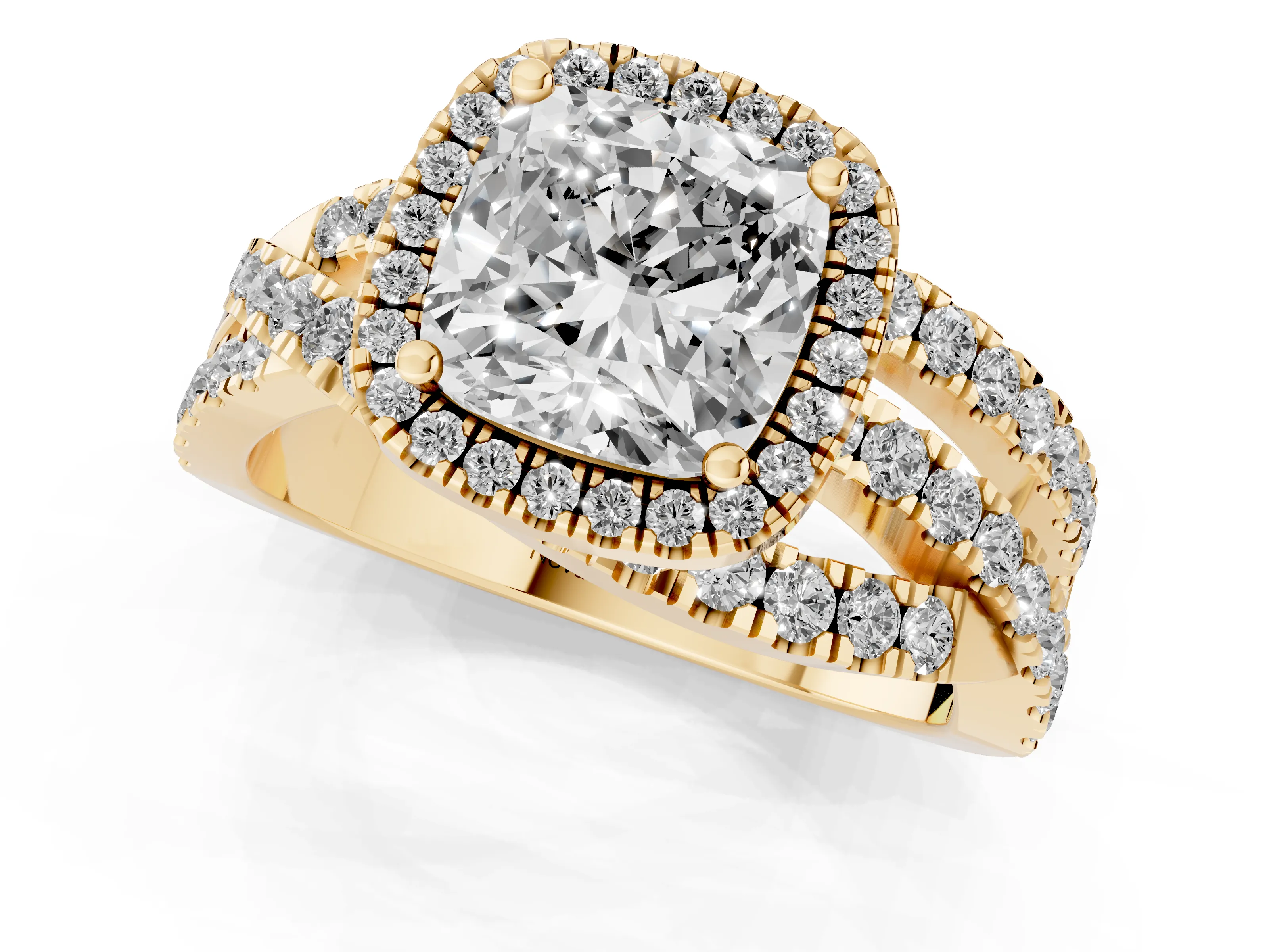 Cushion Cut Diamond Halo Ring Set in Yellow gold with Round Crossover Split Shank and Prong Setting