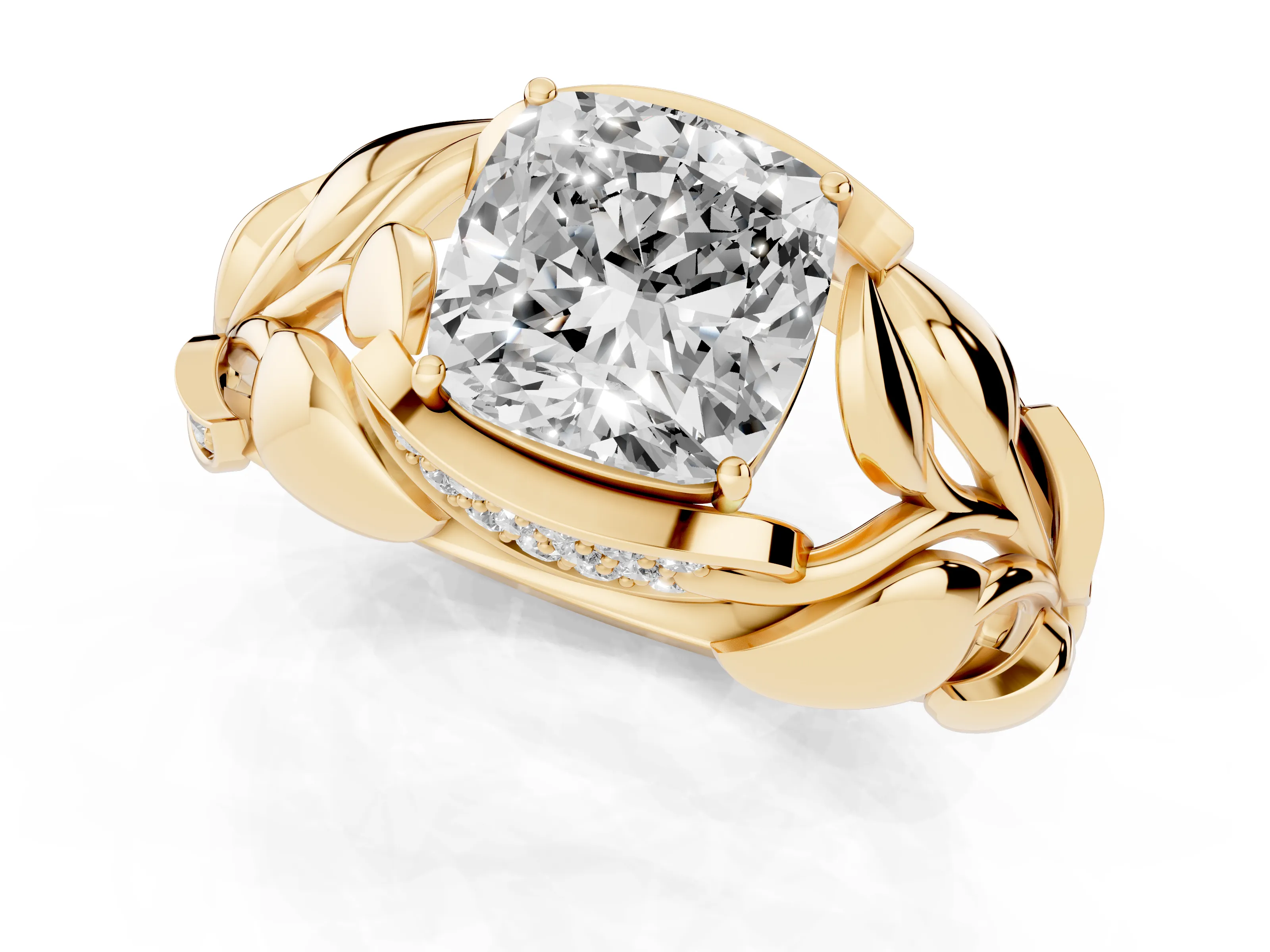 Cushion Cut Diamond Leaf-Inspired Engagement Ring Set in Yellow gold with Round Accents