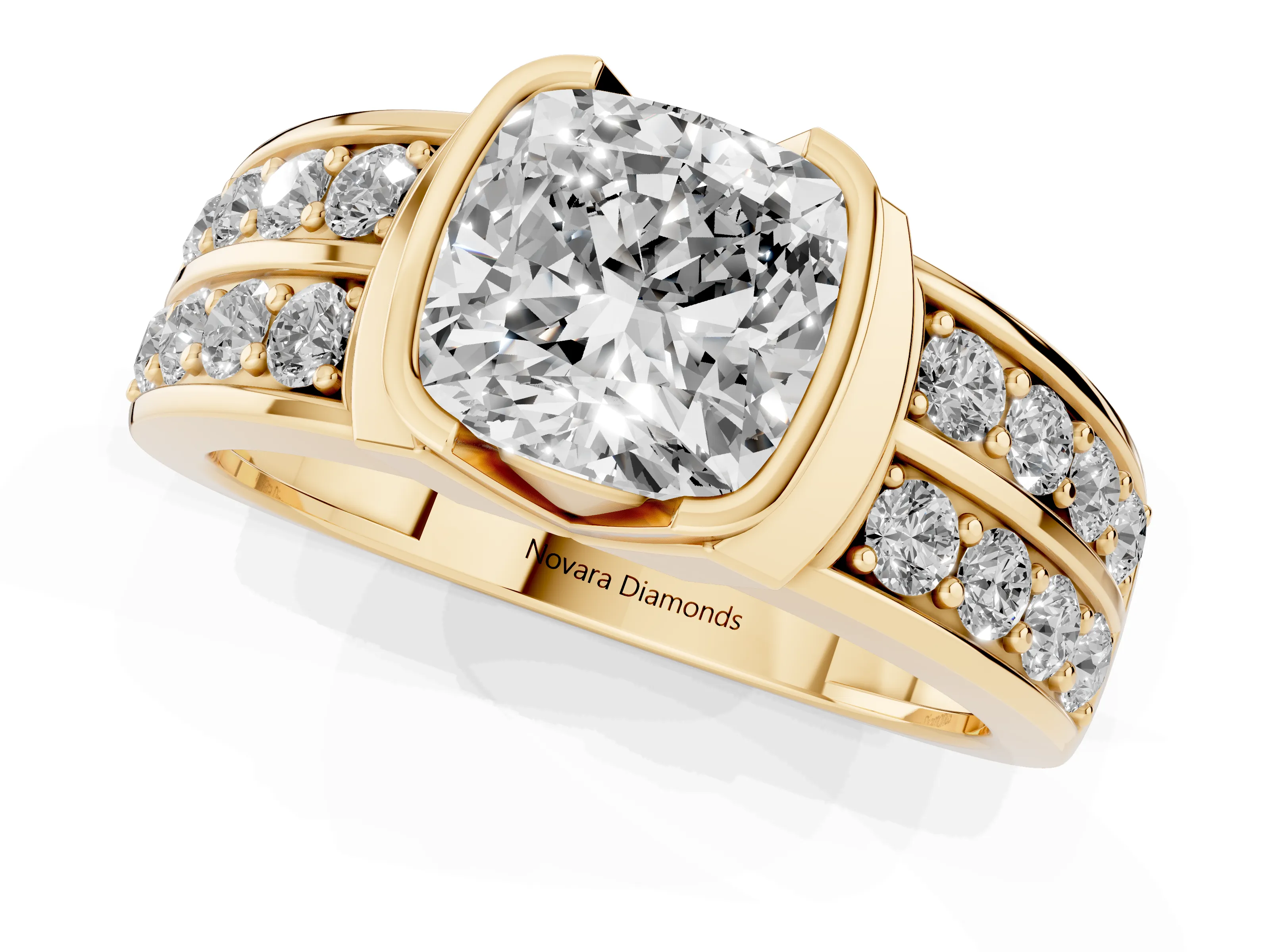 Cushion Cut Diamond Wide Channel Set Band Ring Set in Yellow gold with Bezel Setting