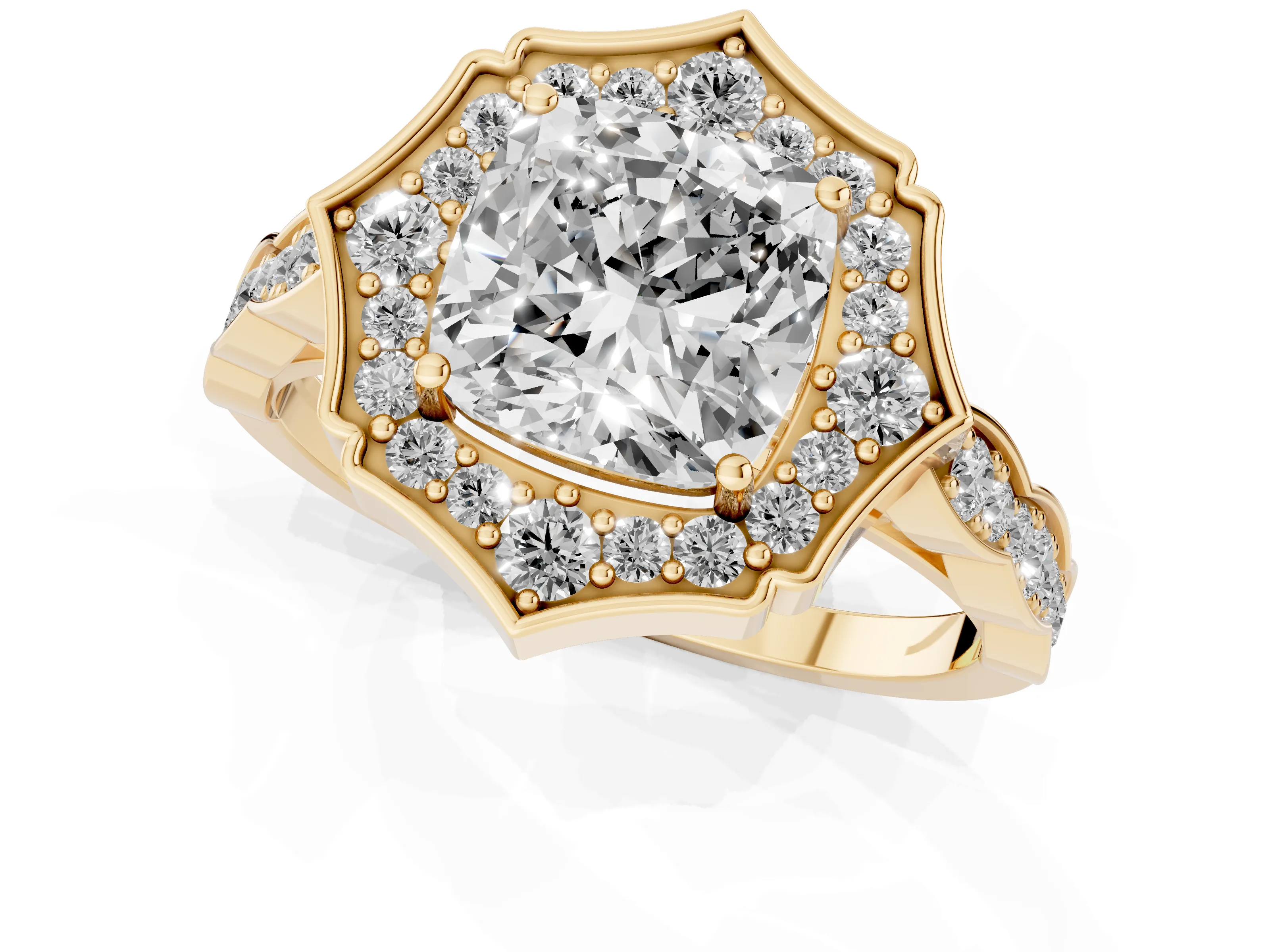 Cushion Cut Diamond Halo Engagement Ring Set in Yellow gold with Milgrain Band and Prong Setting