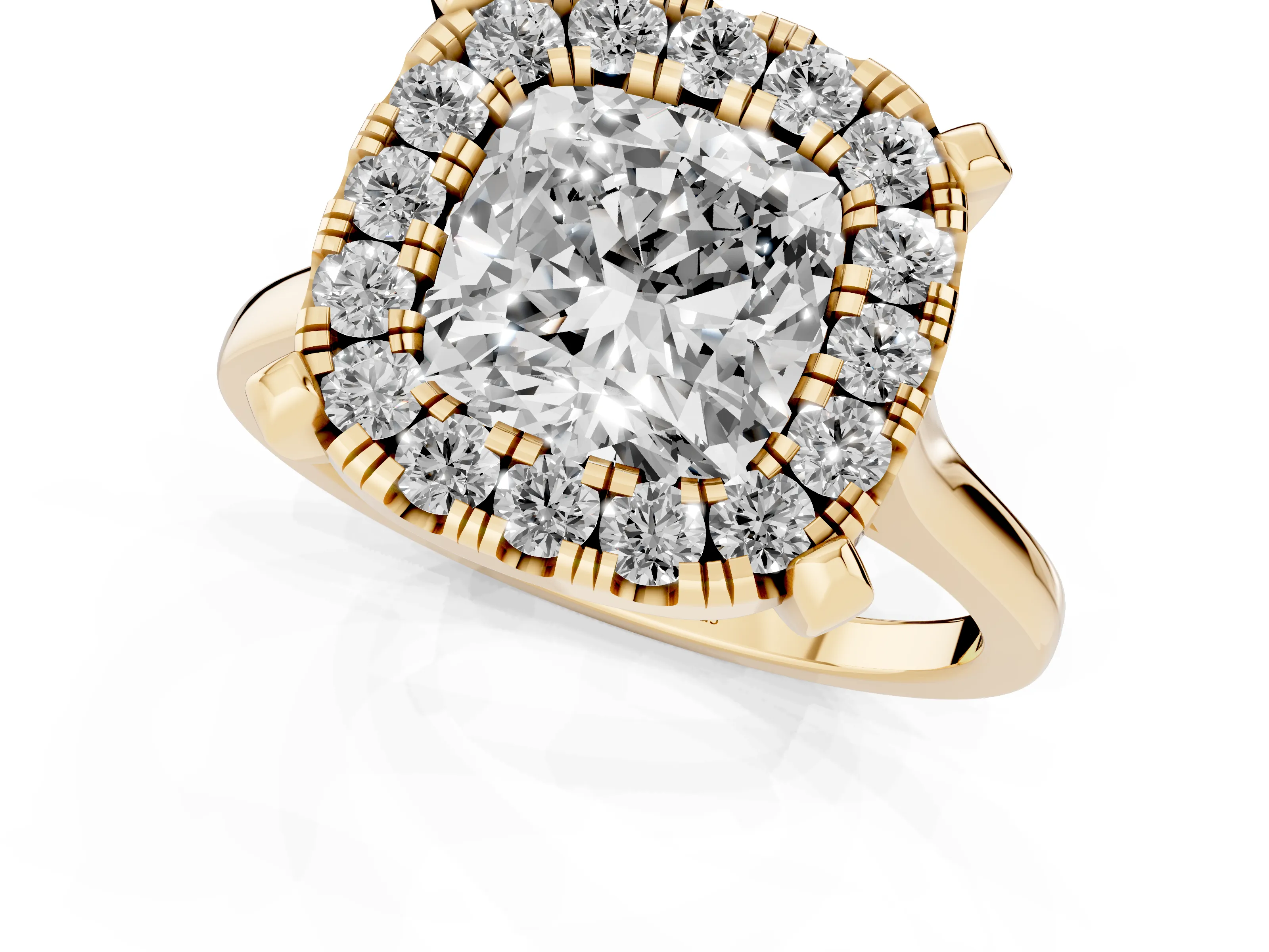 Cushion Cut Diamond Cluster Halo Solitaire Ring Set in Yellow gold with Prong Setting – second view