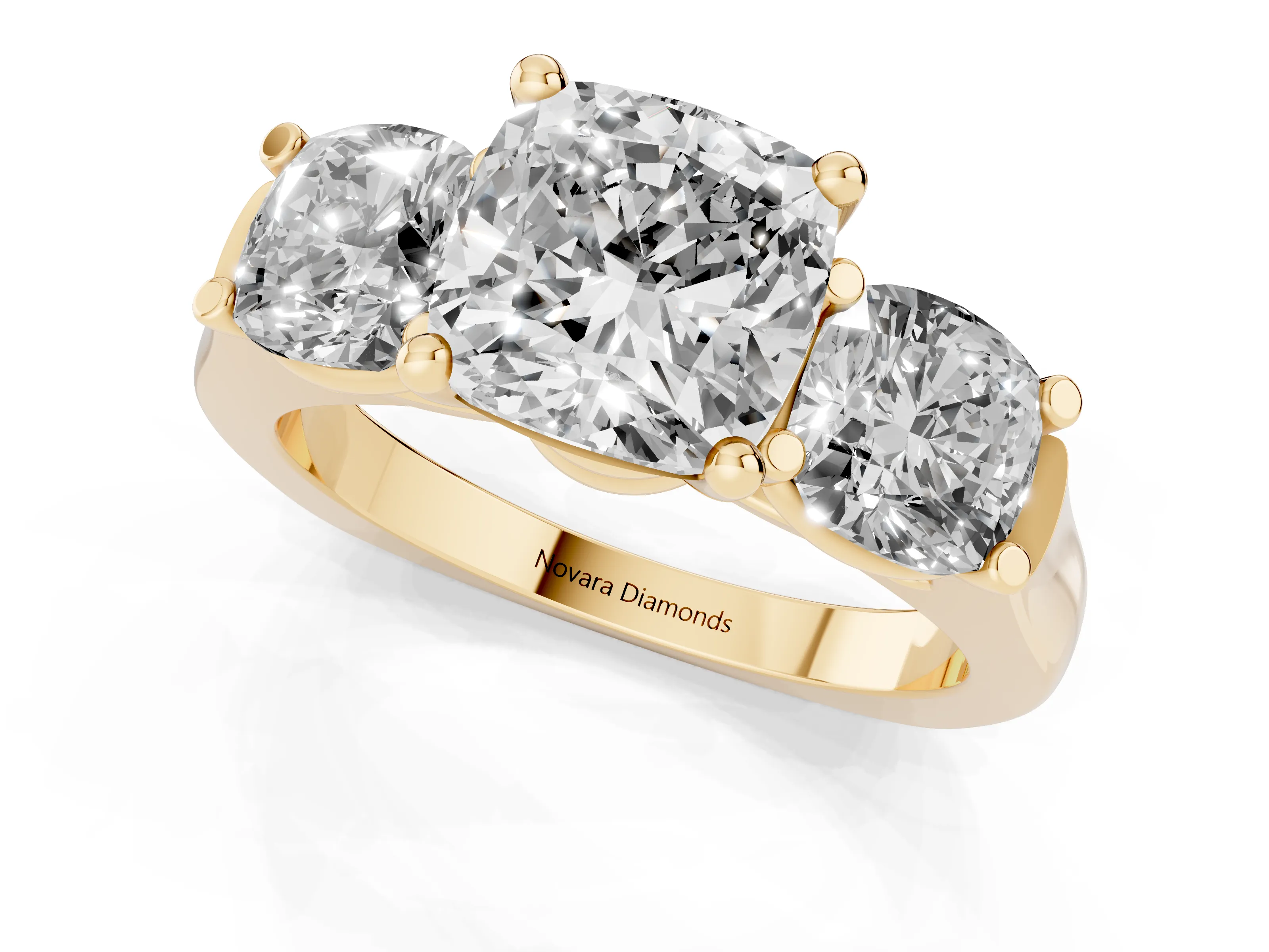 Cushion Cut Diamond Three-Stone Trellis Ring Set in Yellow gold with Comfort Fit Band