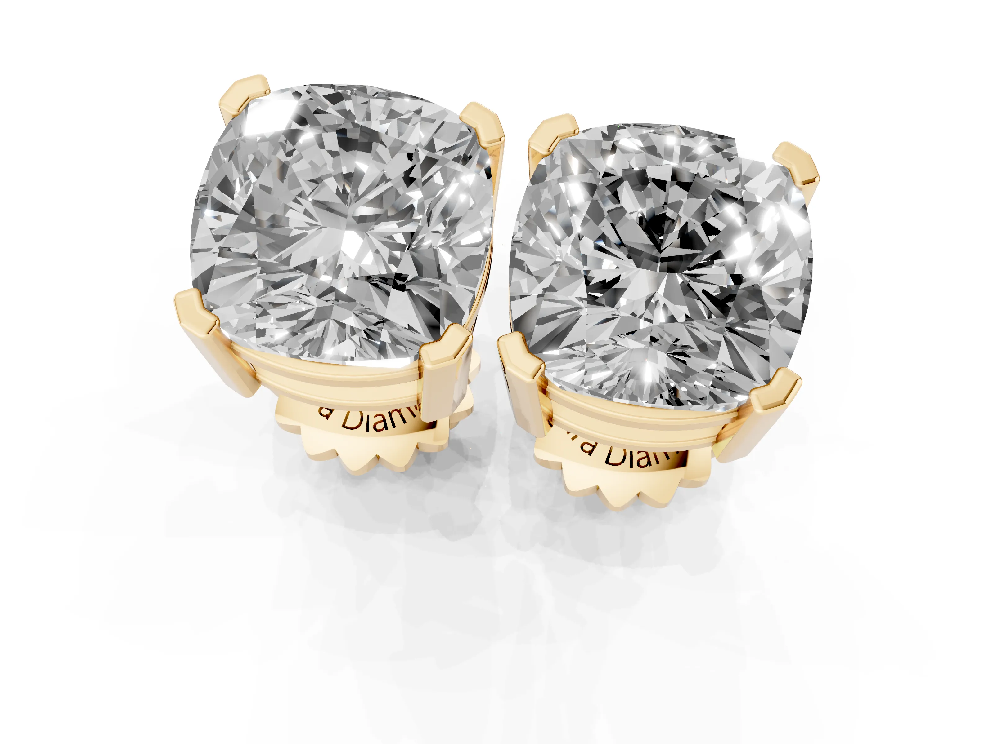 Cushion Cut Diamond Solitaire Stud Earrings Set in Yellow gold with Basket Setting – second view