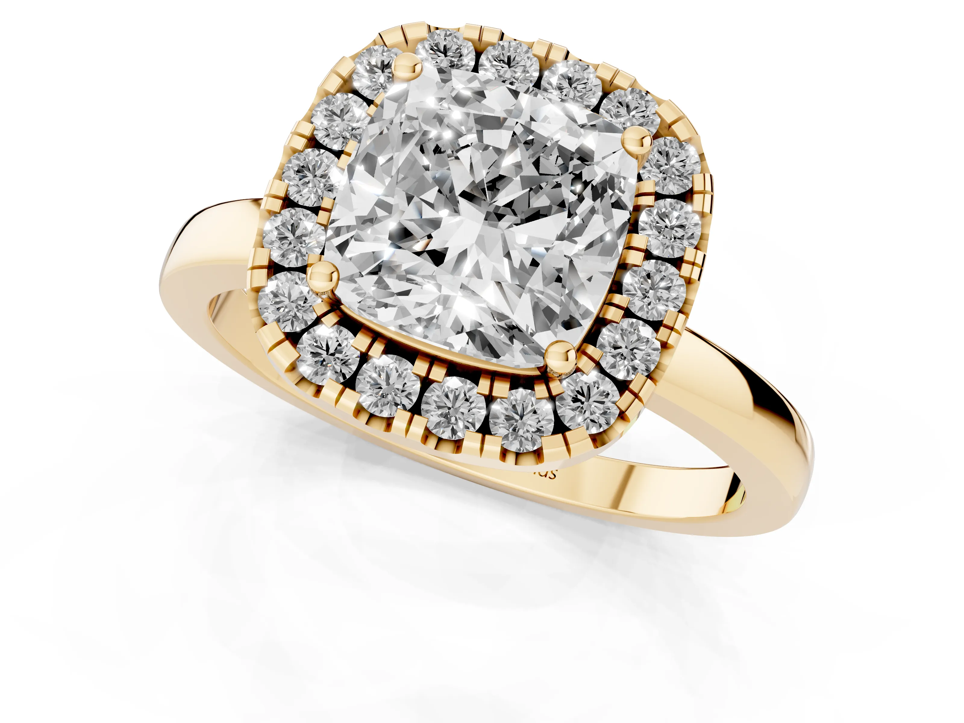 Cushion Cut Diamond Halo Solitaire Ring Set in Yellow gold with Pavé Band and Prong Setting