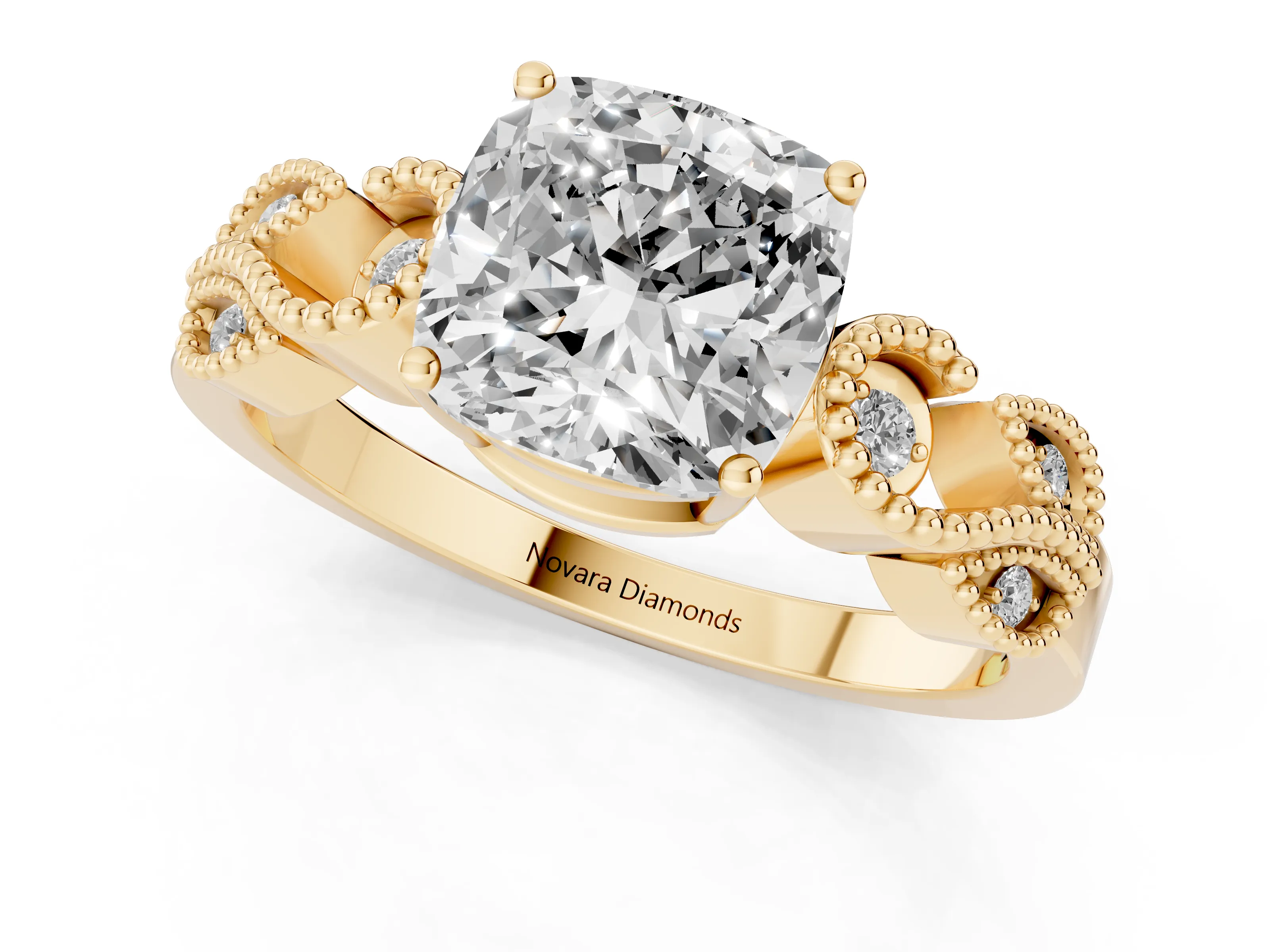 Cushion Cut Diamond Milgrain Leaf Band Solitaire Ring Set in Yellow gold with Accent Stones and Prong Setting – second view