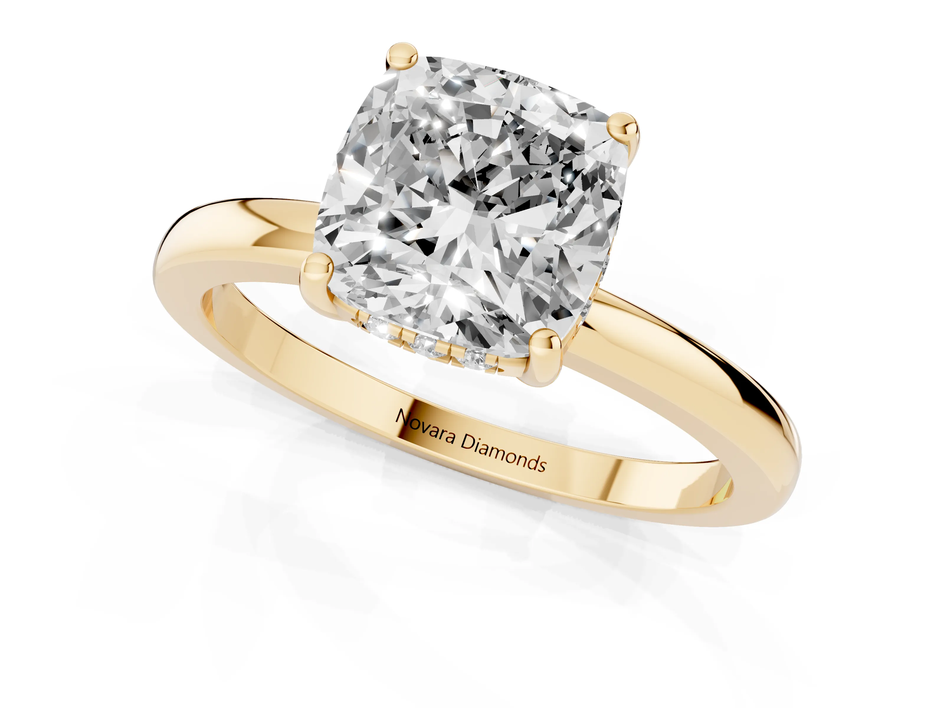 Cushion Cut Diamond Solitaire Ring Set in Yellow gold with Plain Band and Prong Setting