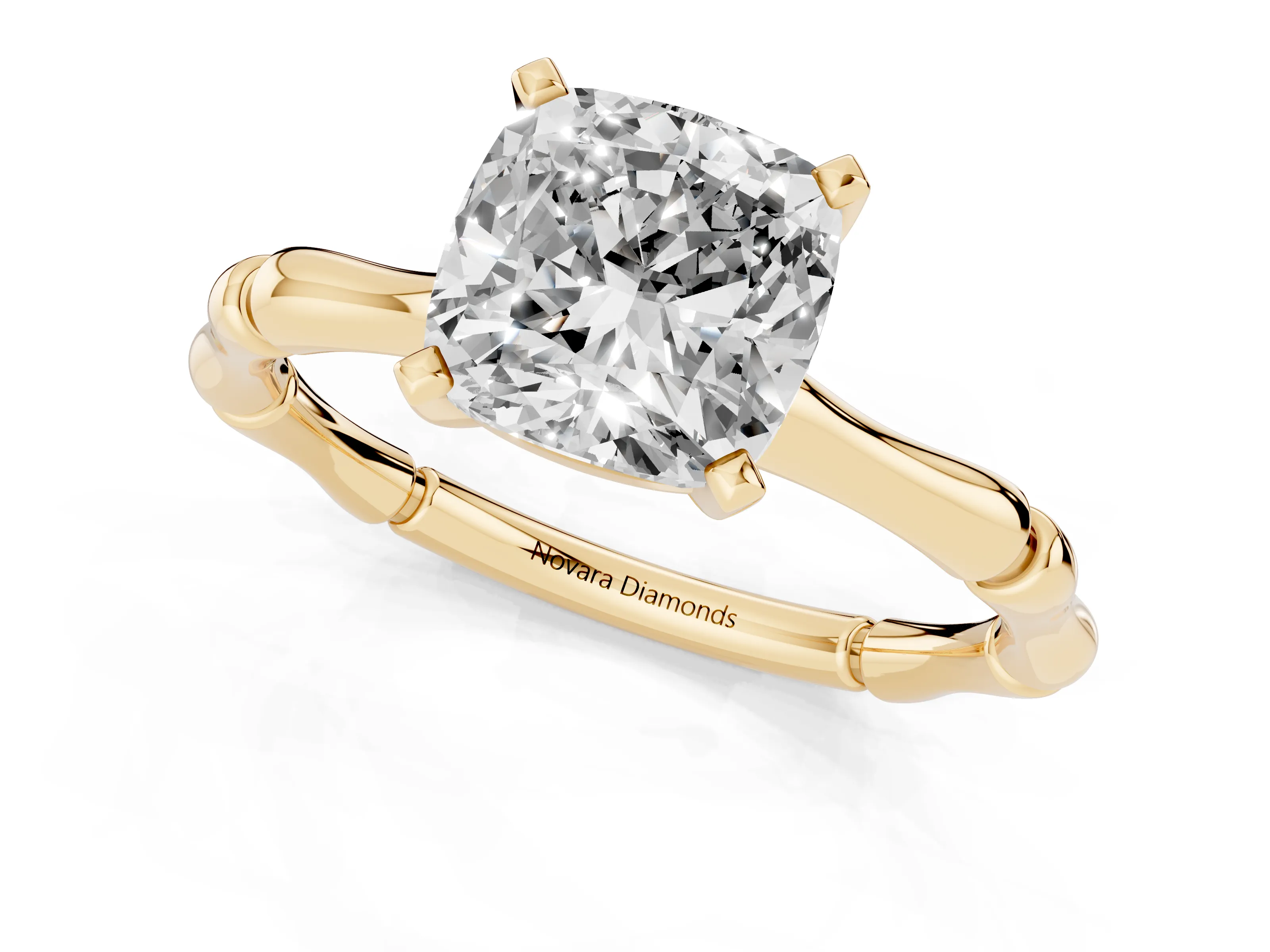 Cushion Cut Diamond Solitaire Ring Set in Yellow gold with Bamboo Band and Prong Setting – second view