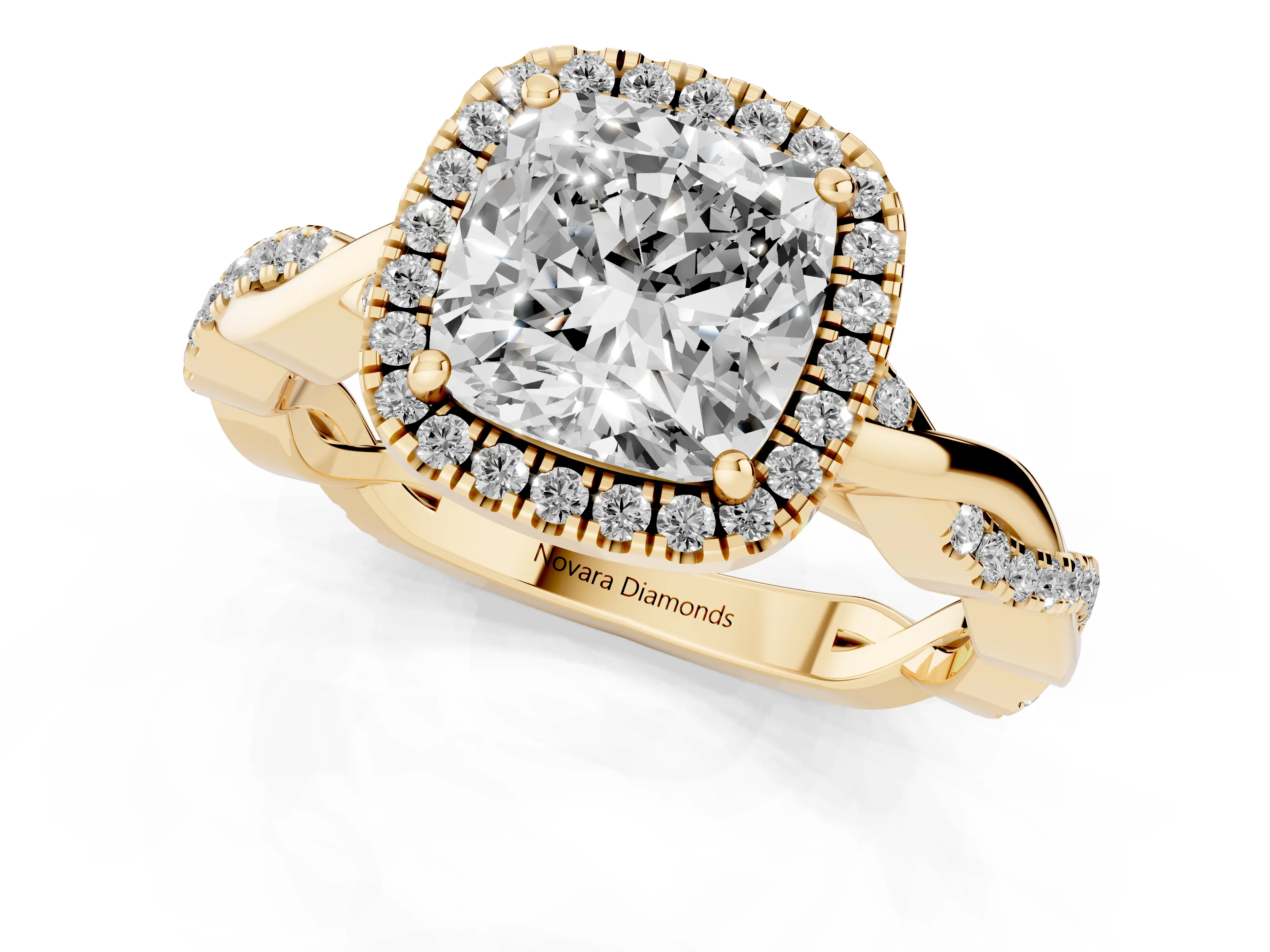 Cushion Cut Diamond Halo Twisted Band Ring Set in Yellow gold with Prong Setting