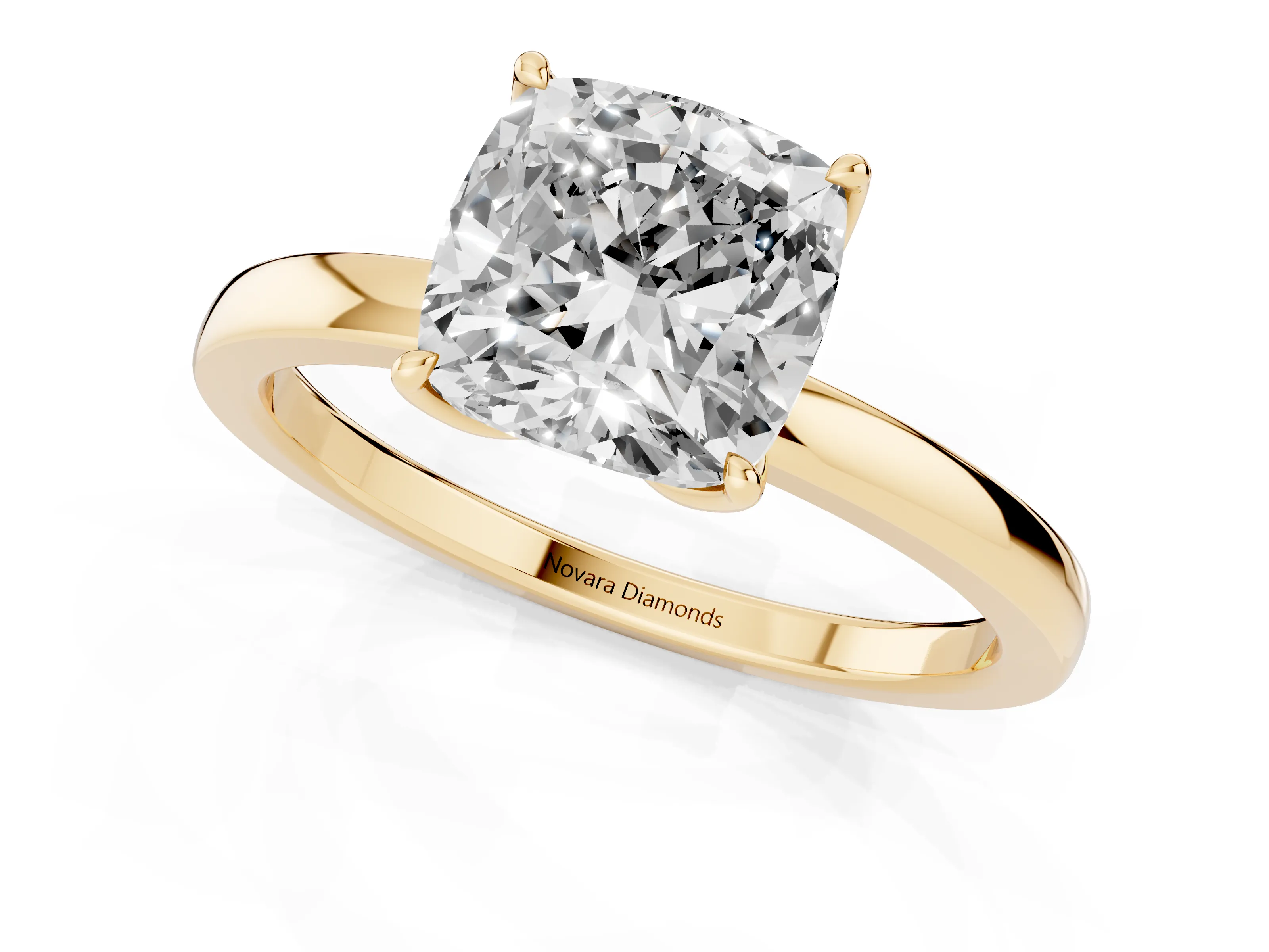 Cushion Cut Diamond Solitaire Ring Set in Yellow gold with Prong Setting and Thin Polished Band