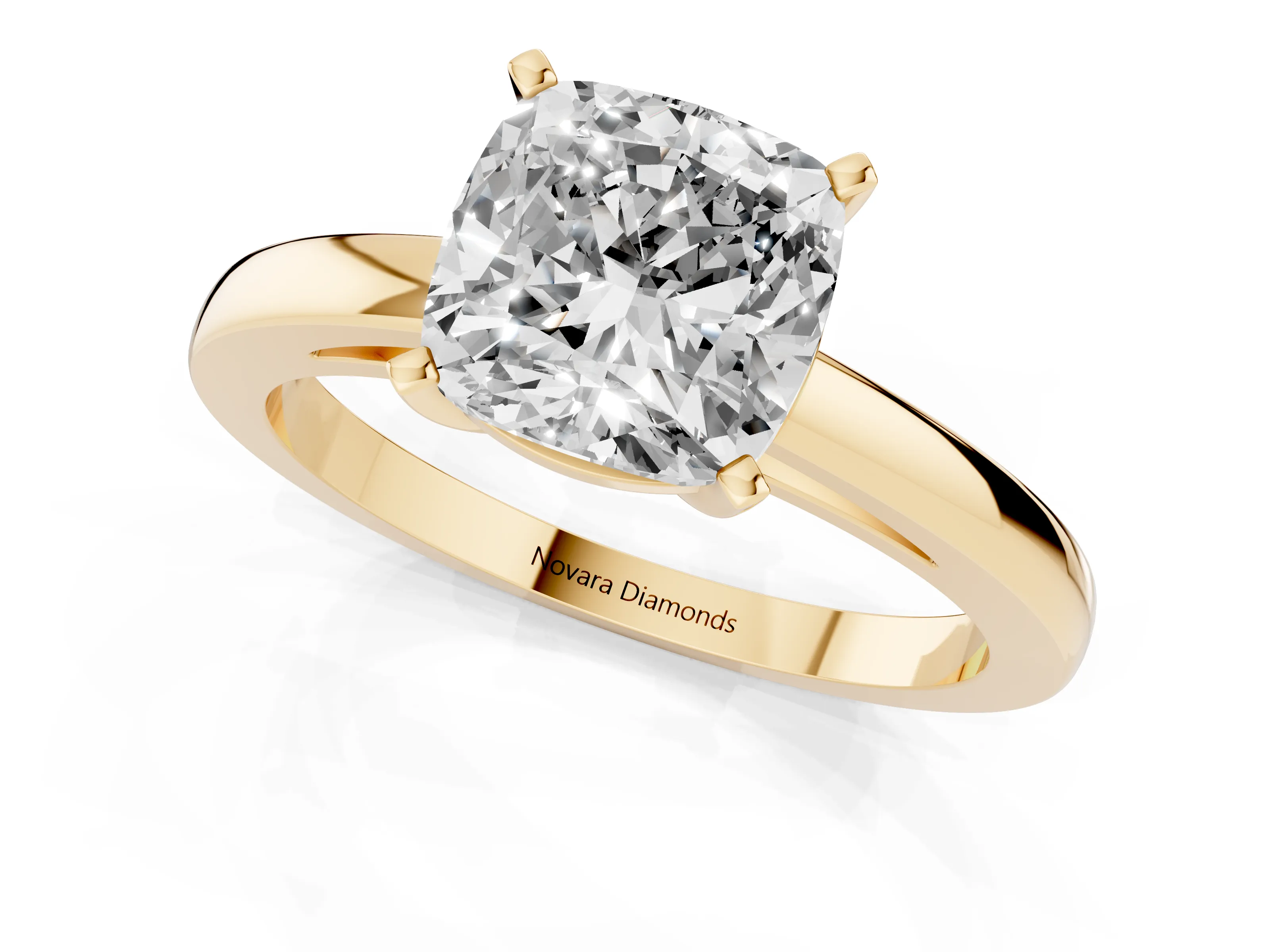 Cushion Cut Diamond Solitaire Engagement Ring Set in Yellow gold with Prong Setting on a Classic Band
