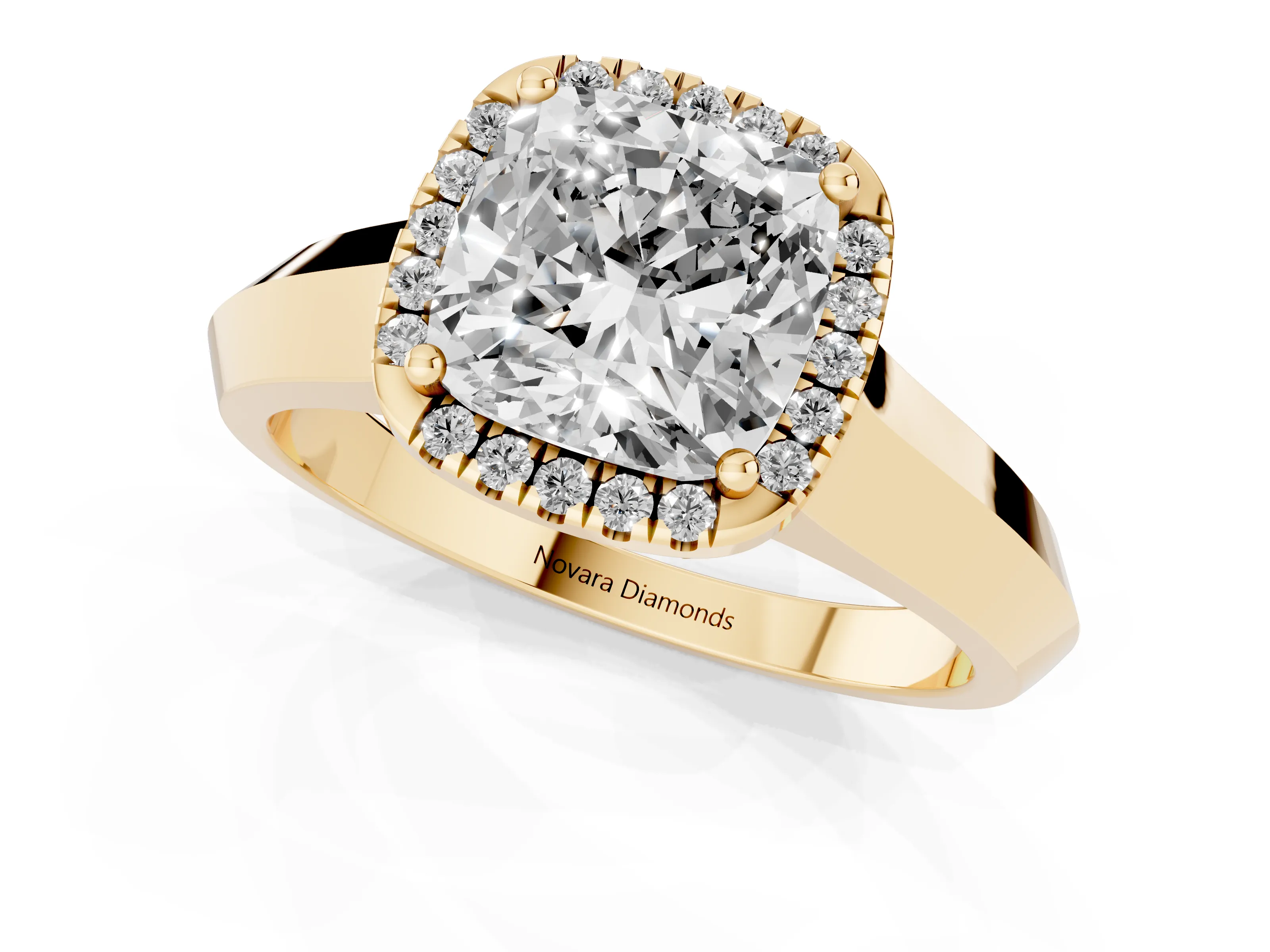 Cushion Cut Diamond Halo Ring Set in Yellow gold with Cathedral Band and Prong Setting