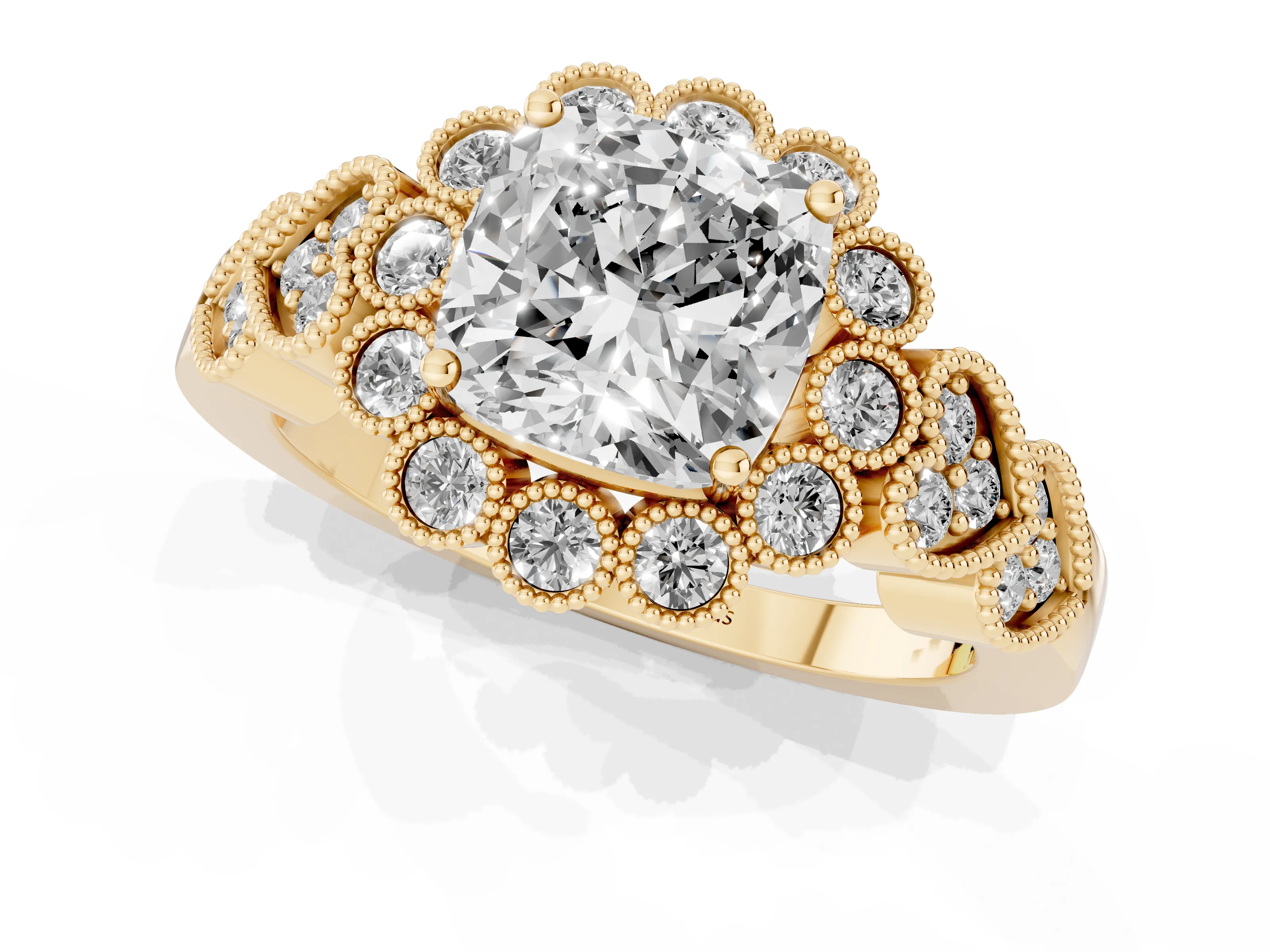 Cushion Cut Diamond Solitaire Ring Set in Yellow gold with Milgrain Pavé Heart Band – second view