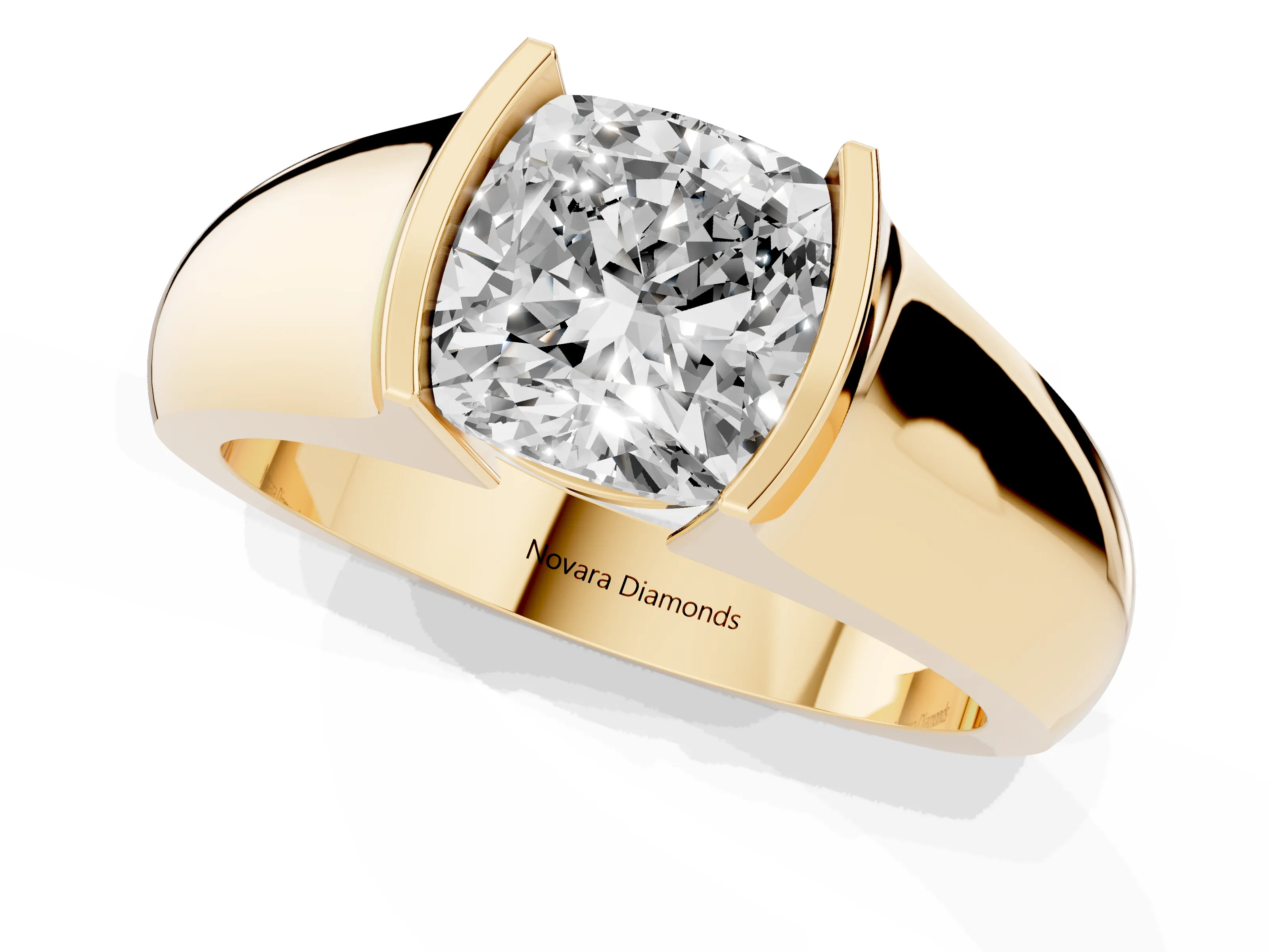 Cushion Cut Diamond Bezel Solitaire Ring Set in Yellow gold with Wide Band