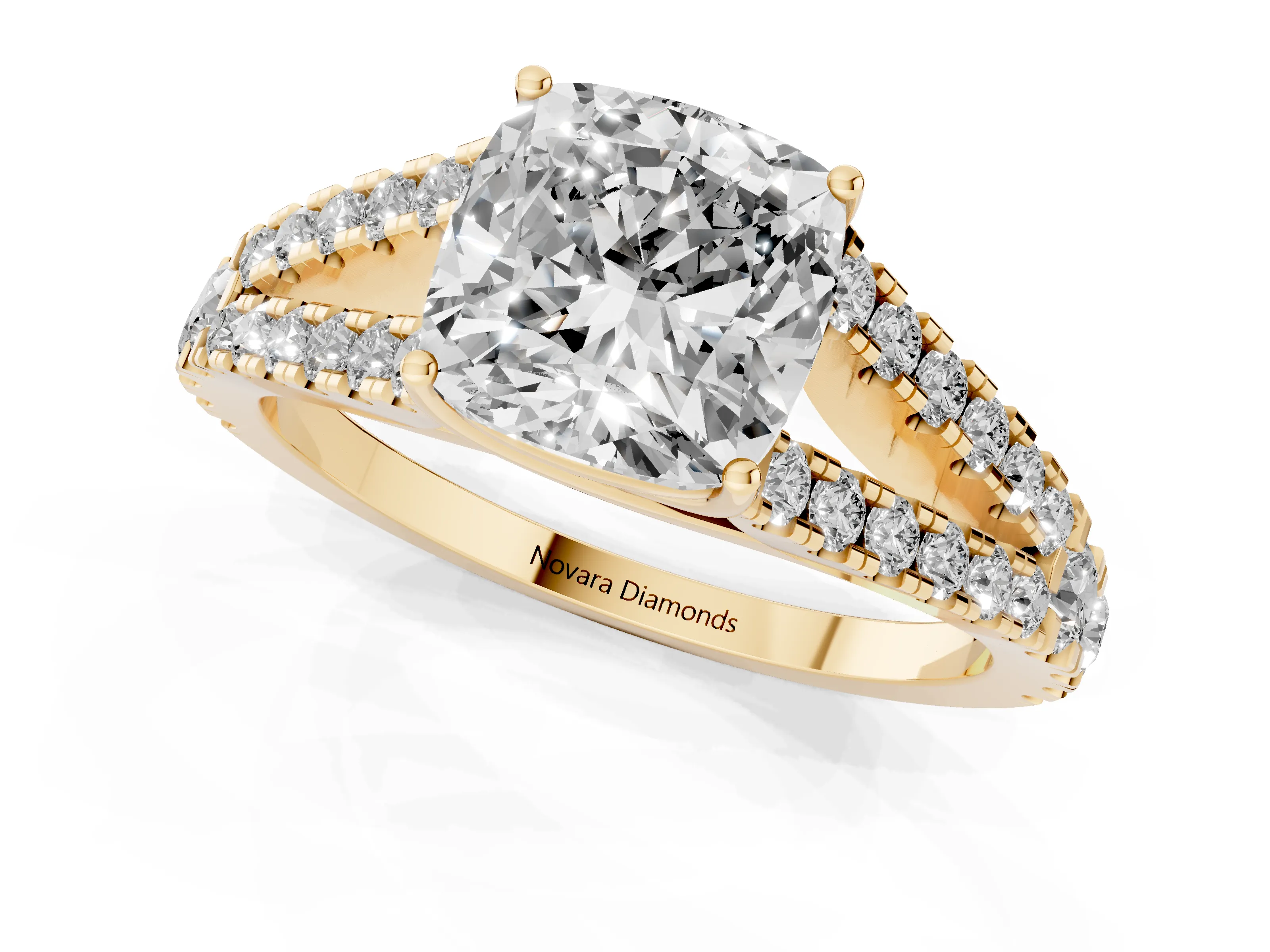 Cushion Cut Diamond Split Shank Pavé Engagement Ring Set in Yellow gold with Prong-Held Center Stone