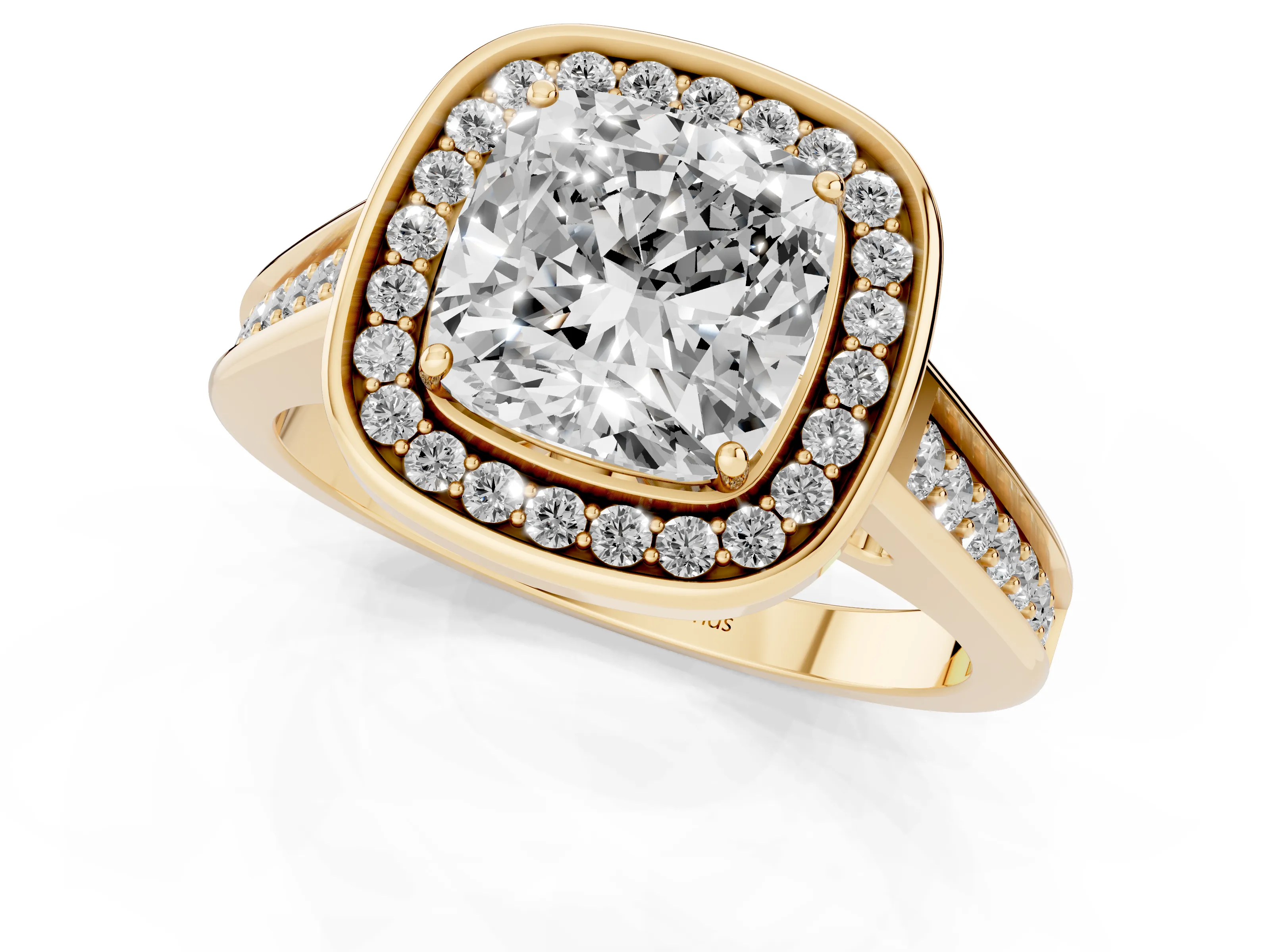 Cushion Cut Diamond Halo Solitaire Ring Set in Yellow gold with Pavé Band and Bezel Setting