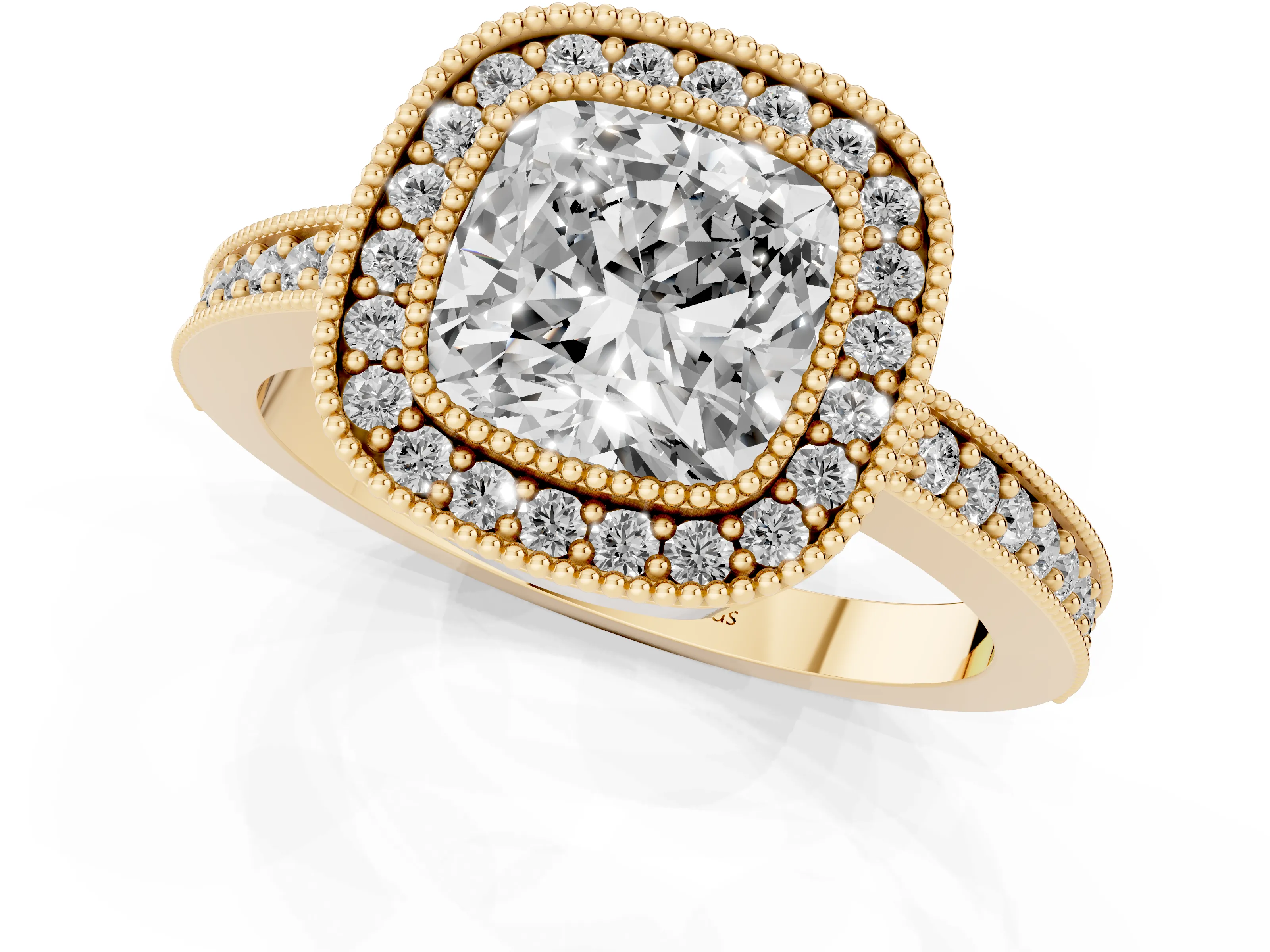 Cushion Cut Diamond Halo Engagement Ring Set in Yellow gold with Pavé Band and Round Halo Stones