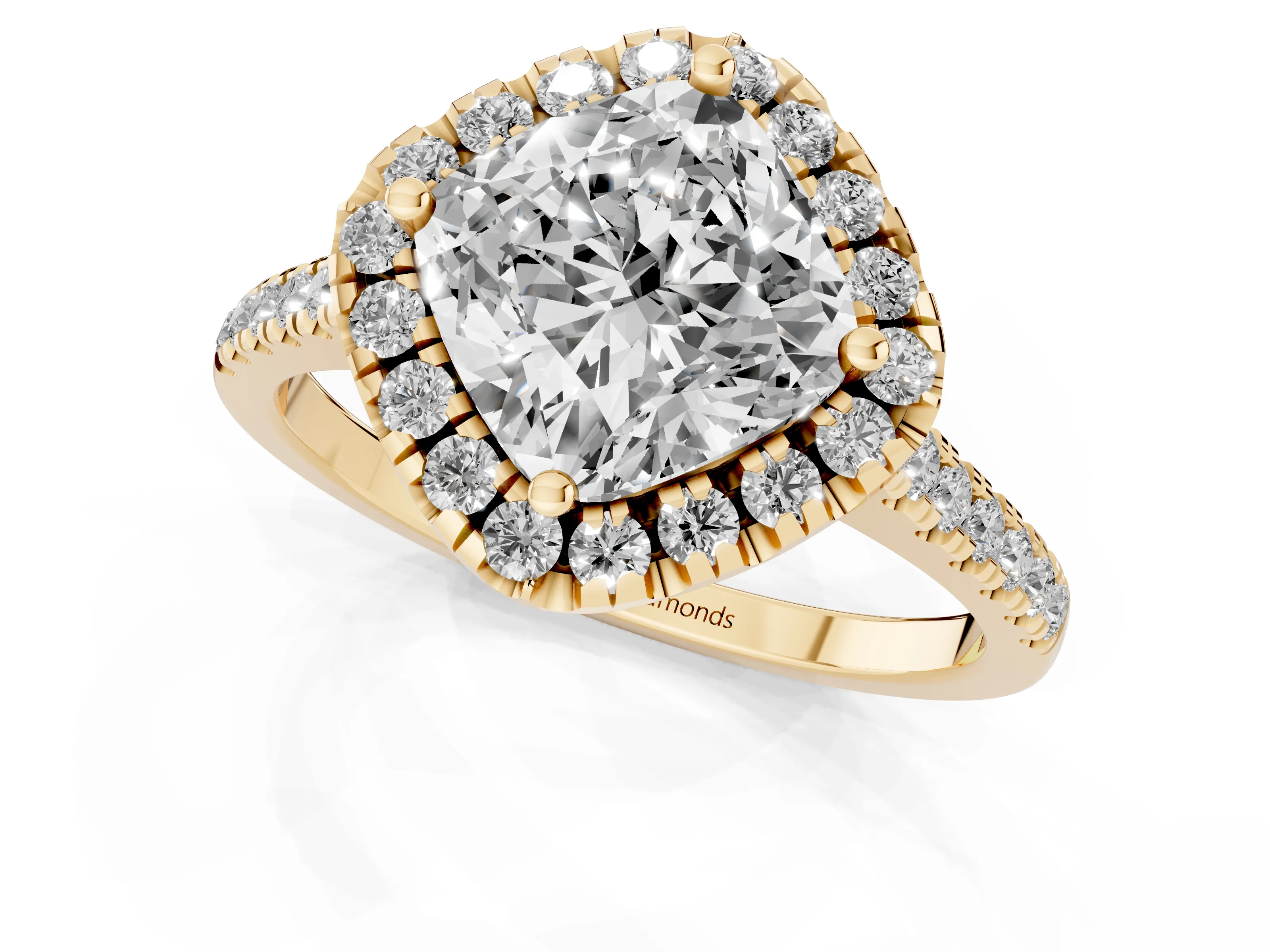 Cushion Cut Diamond Cushion Halo Ring Set in Yellow gold with Pavé Band