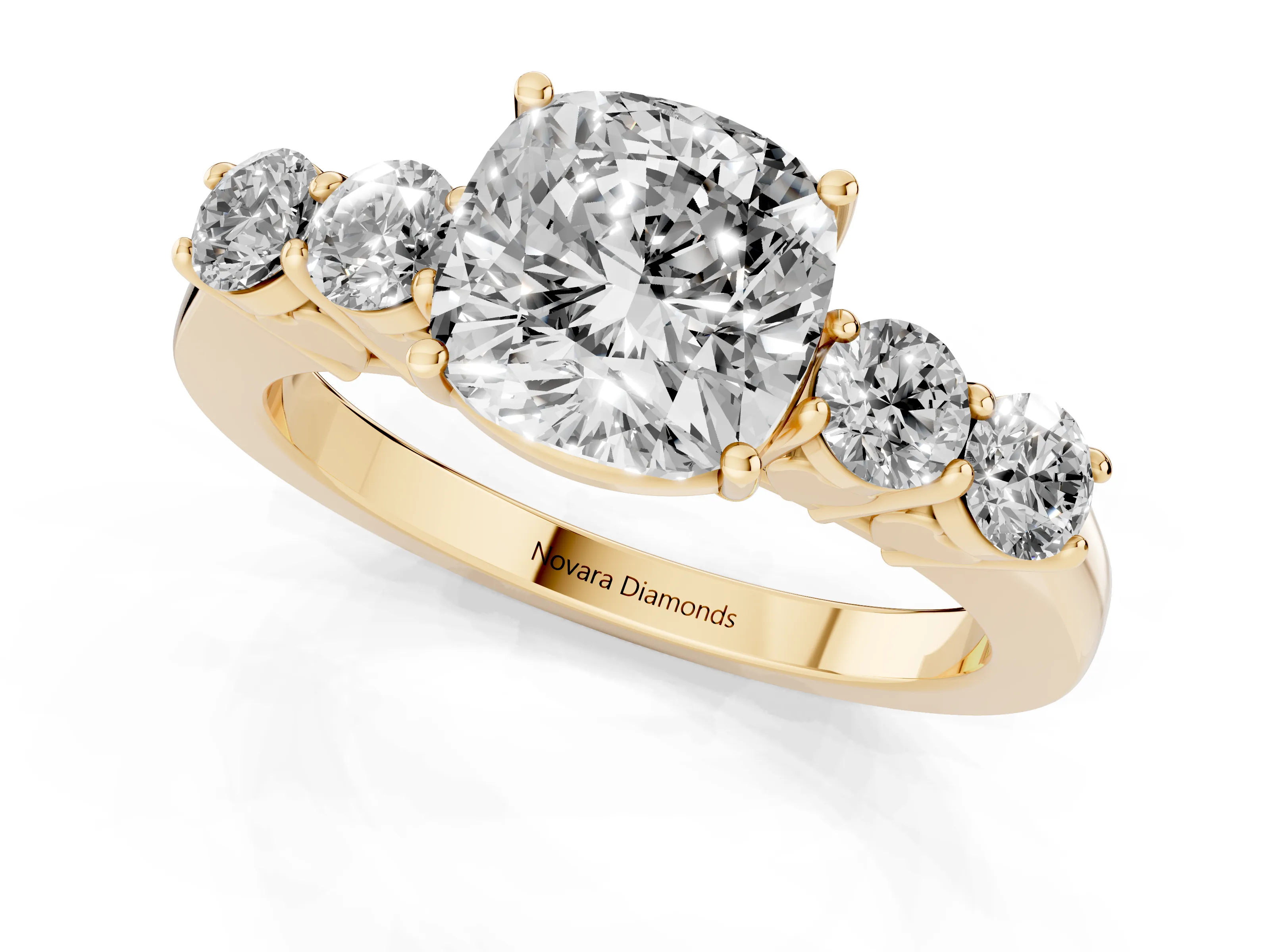 Cushion Cut Diamond Five-Stone Prong Set Band Ring Set in Yellow gold with Polished Band