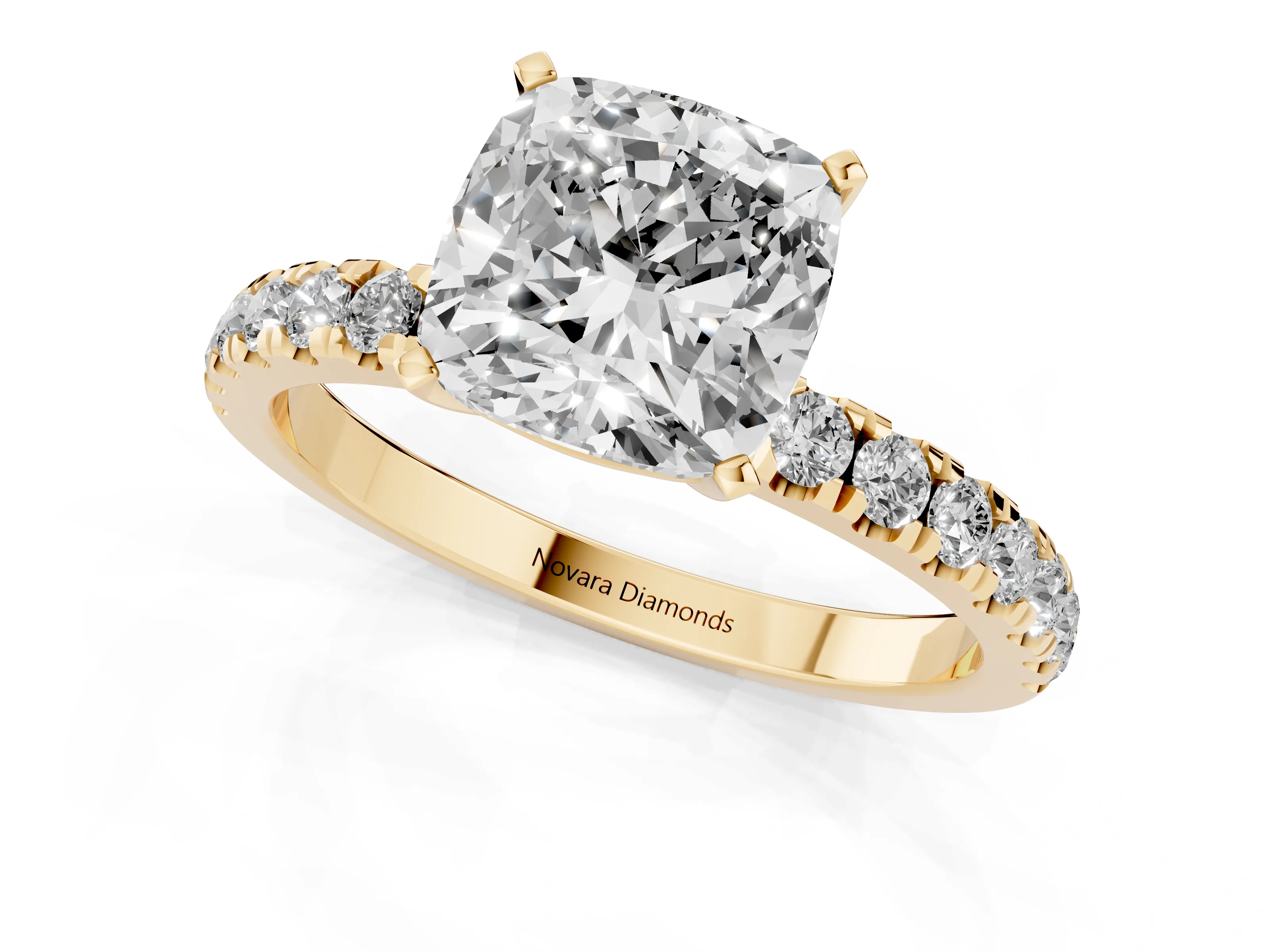Cushion Cut Diamond Solitaire Ring Set in Yellow gold with Pavé Accents and Prong Setting
