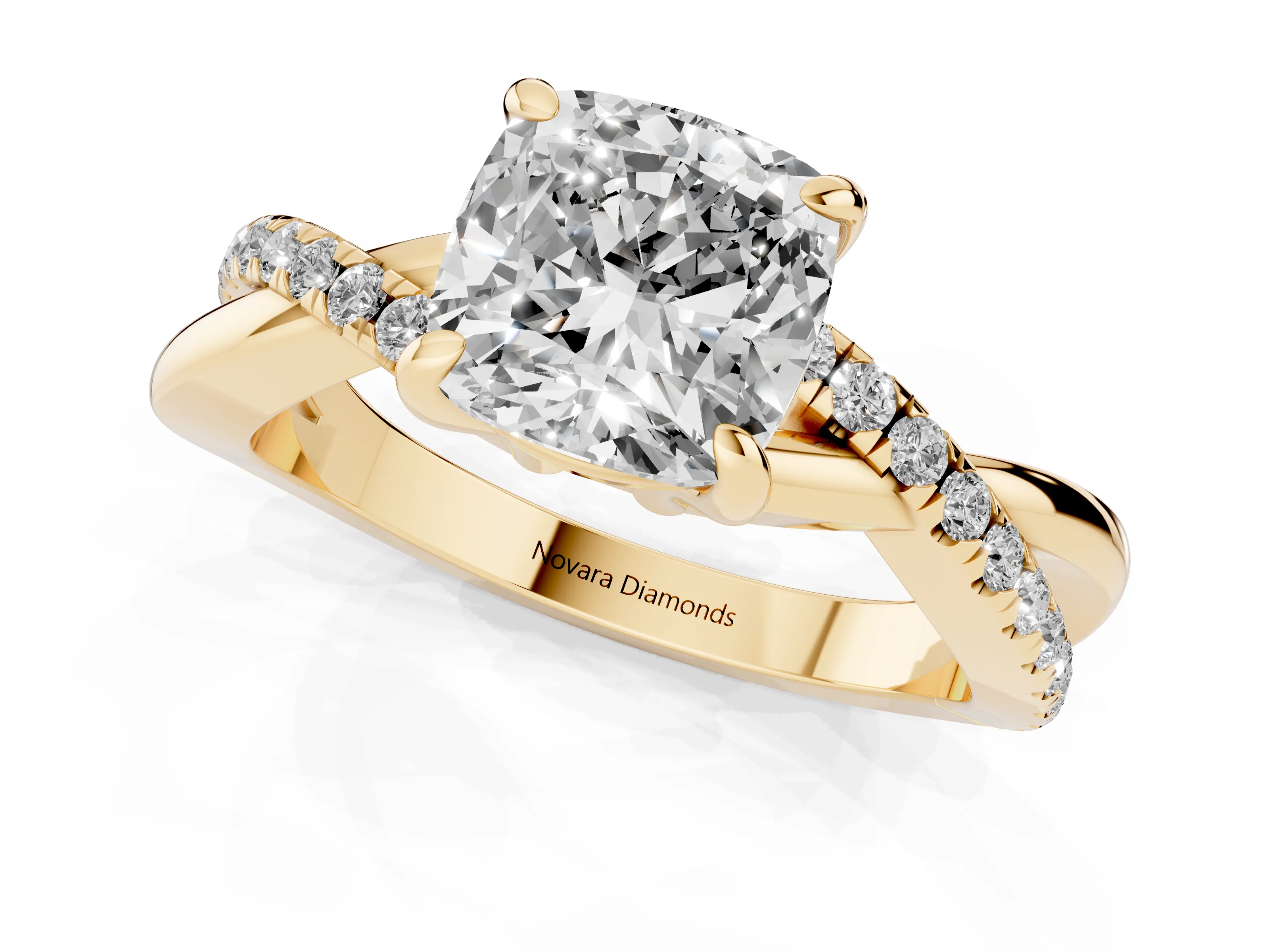 Cushion Cut Diamond Twist Band Pavé Solitaire Ring Set in Yellow gold with Prong Setting