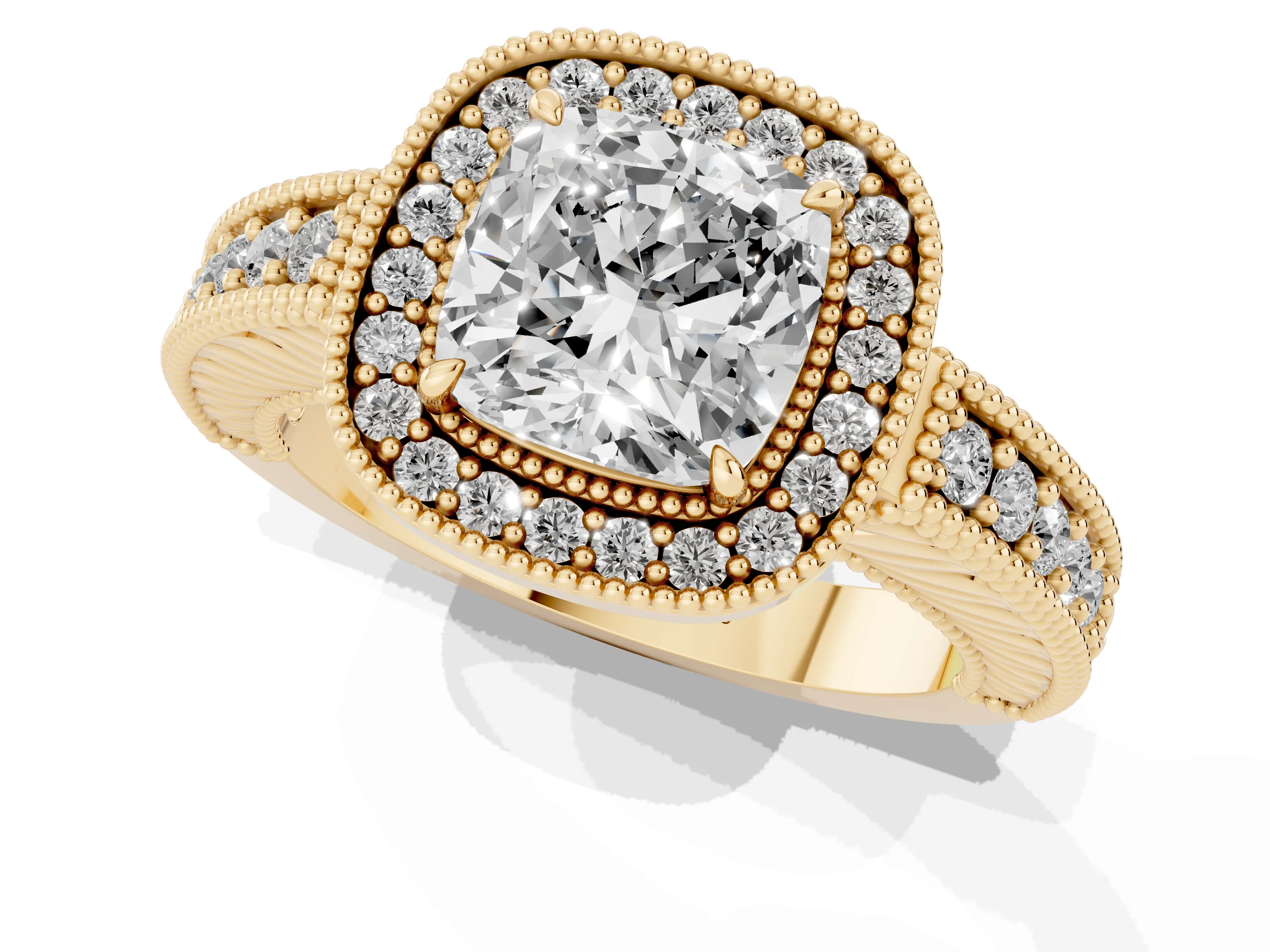 Cushion Cut Diamond Halo Ring Set in Yellow gold with Round Accent Halo, Pavé Band and Prong Setting