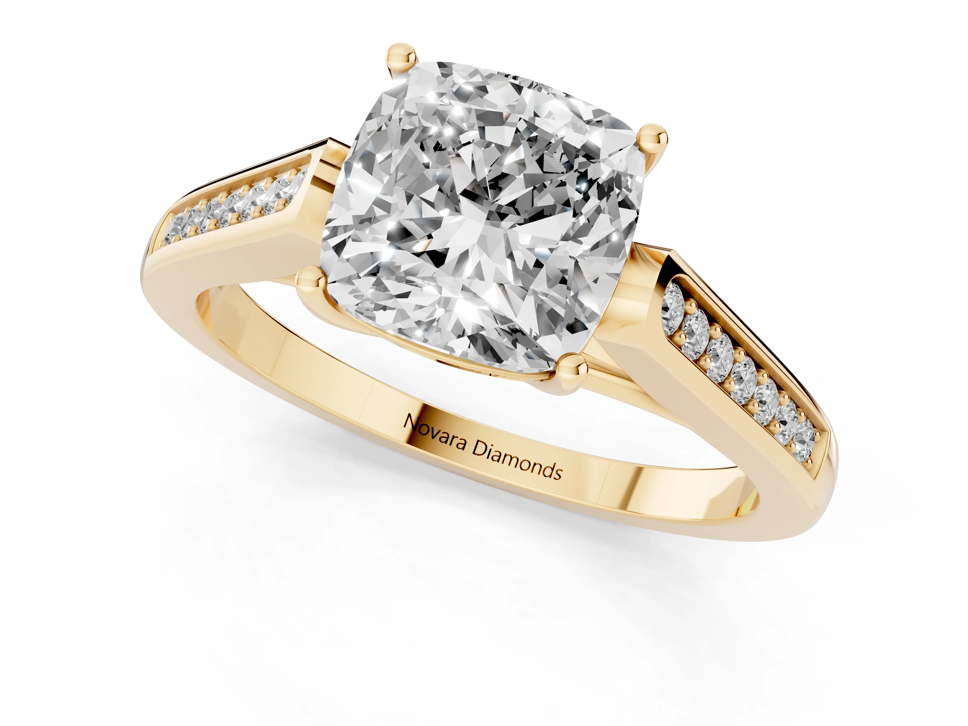 Cushion Cut Diamond Solitaire Cathedral Engagement Ring Set in Yellow gold with Channel-Set Band and Prong Setting
