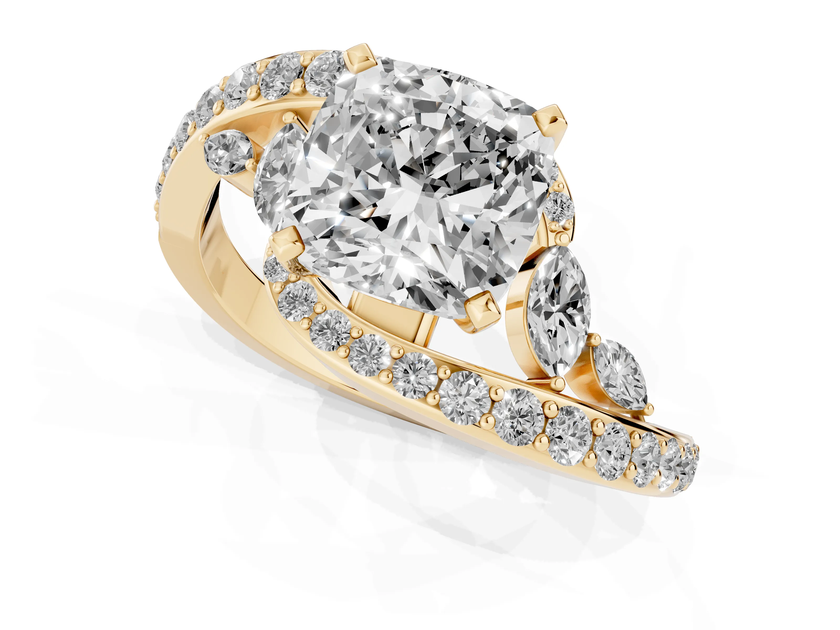 Cushion Cut Diamond Solitaire Ring Set in Yellow gold with Filigree Band and Prong Setting