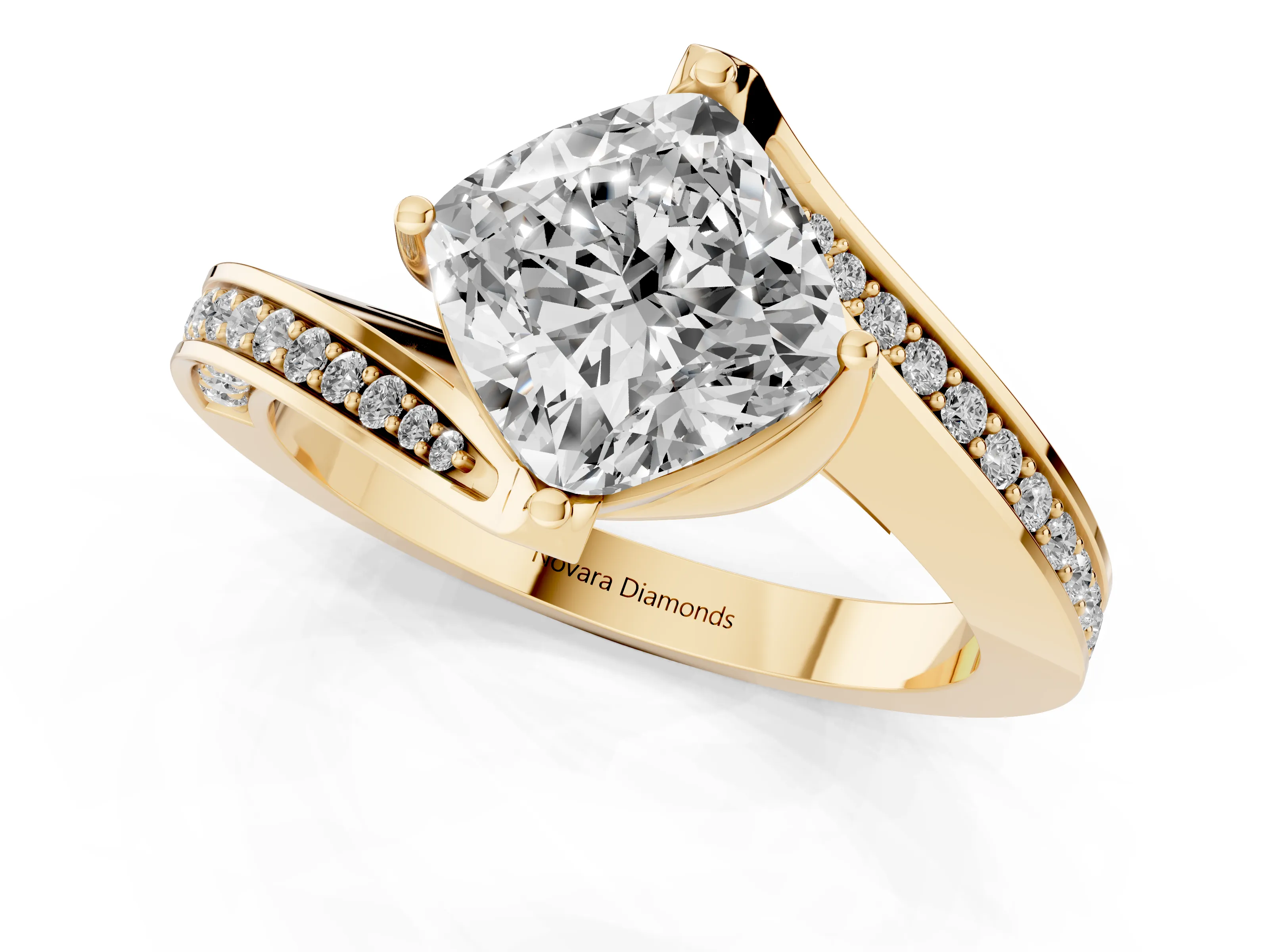 Cushion Cut Diamond Solitaire Ring Set in Yellow gold with Intertwined Pavé Twist Band