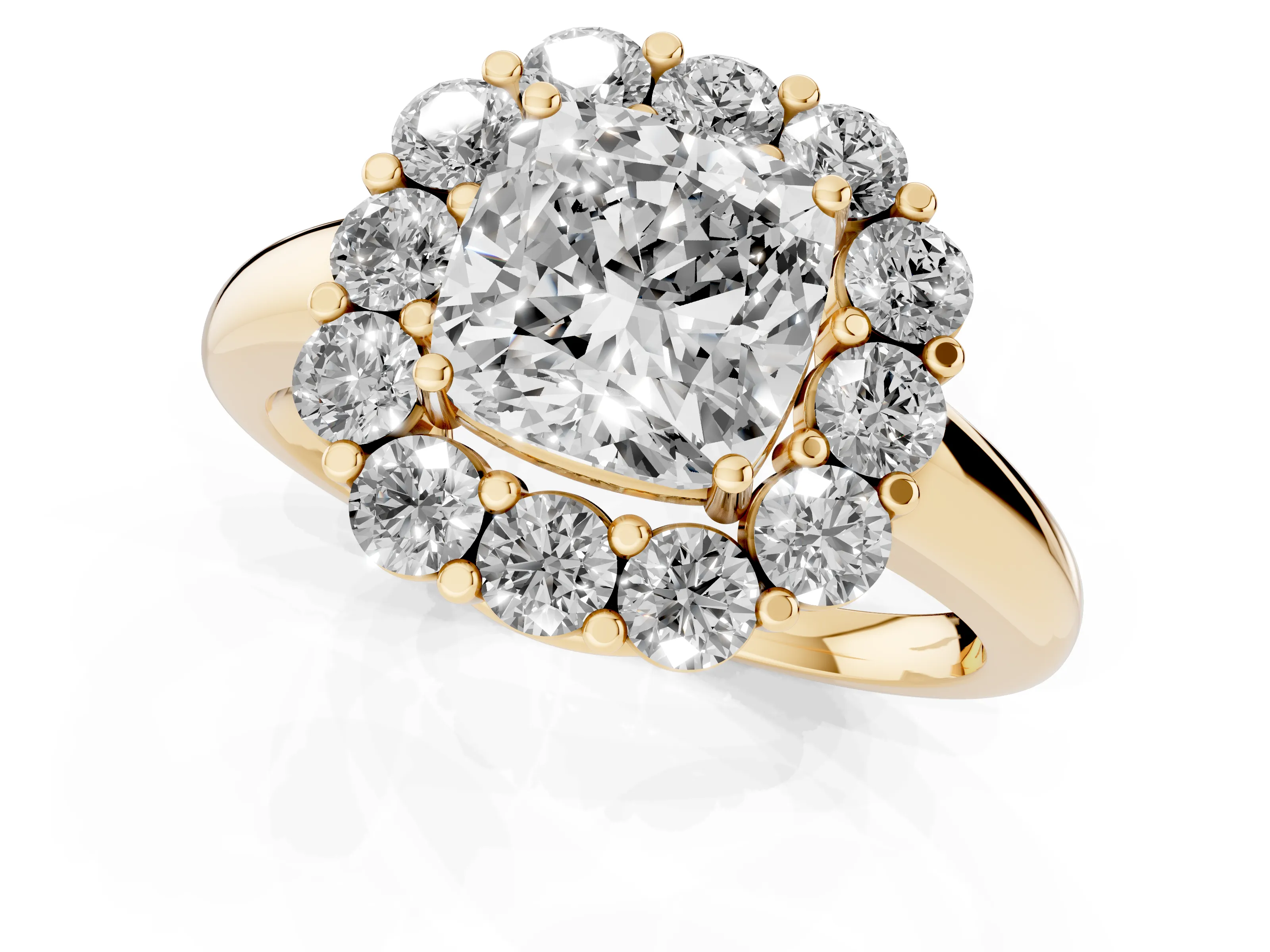 Cushion Cut Diamond Halo Cluster Engagement Ring Set in Yellow gold with Polished Band and Prong Setting