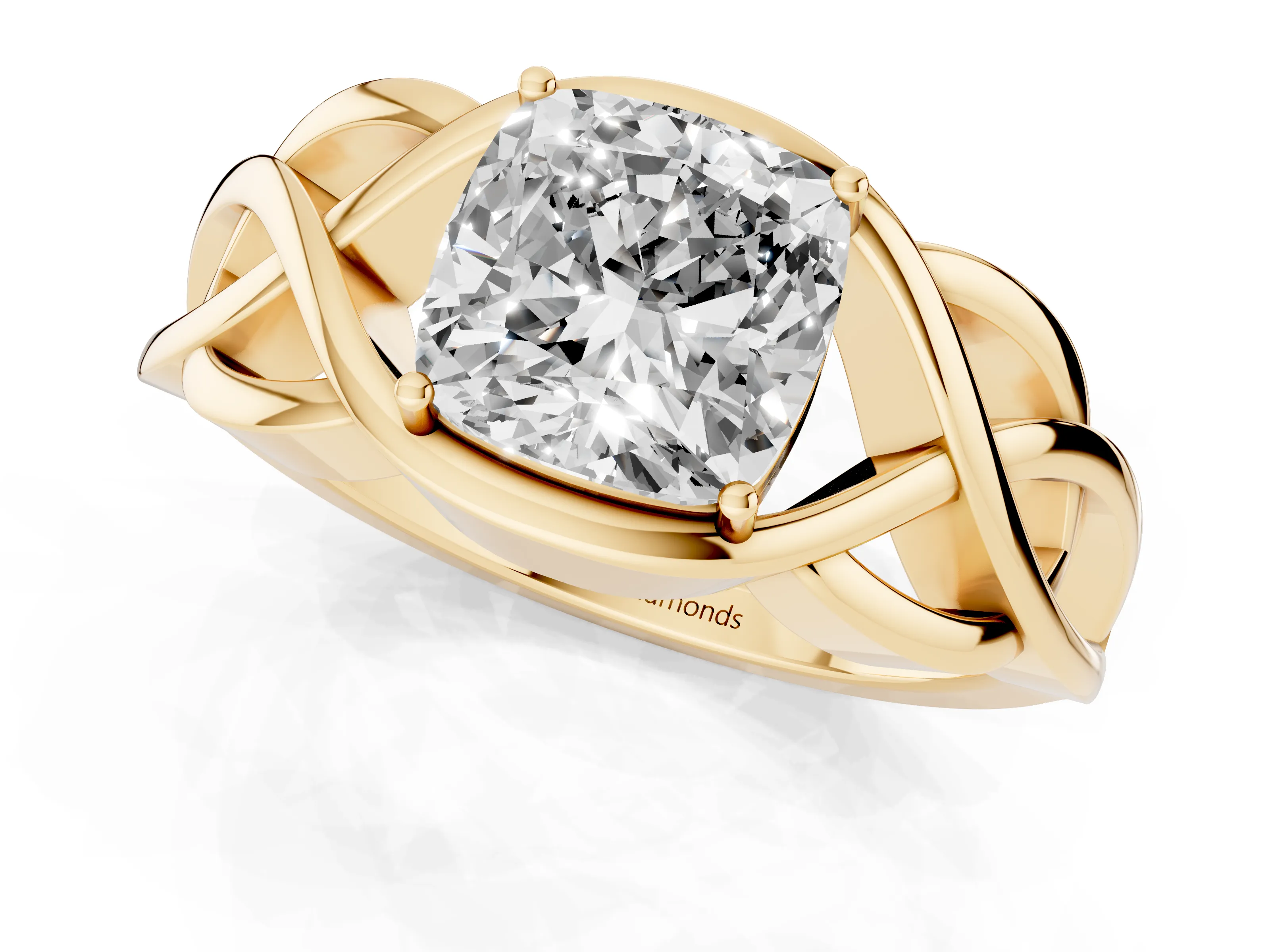 Cushion Cut Diamond Solitaire Ring Set in Yellow gold with Intertwined Band