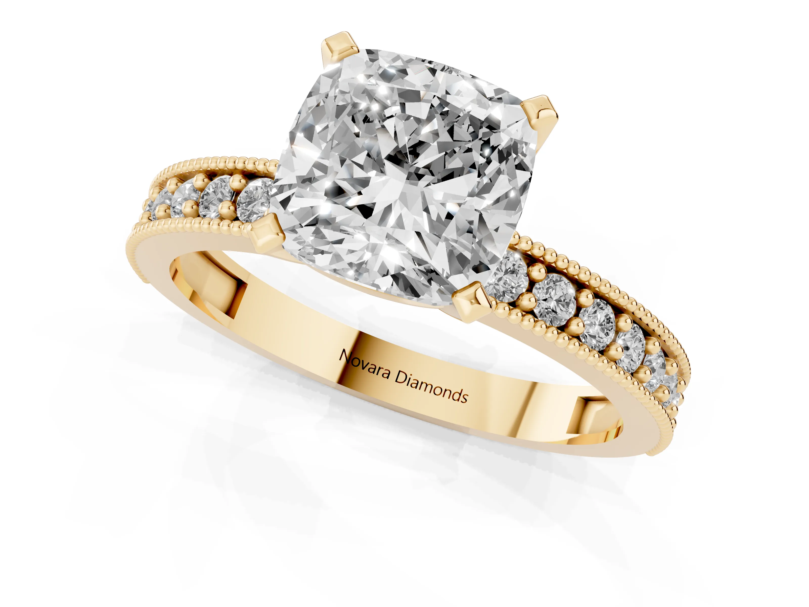 Cushion Cut Diamond Milgrain Pavé Engagement Ring Set in Yellow gold with Prong Setting