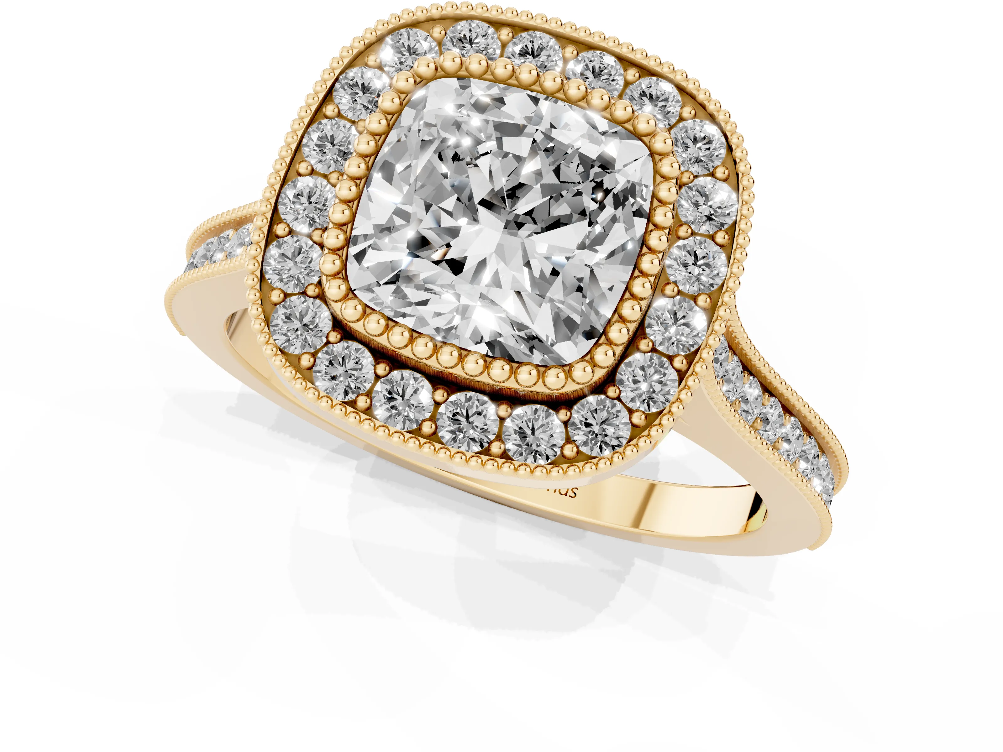 Cushion Cut Diamond Halo Ring Set in Yellow gold with Milgrain Frame and Pavé Band