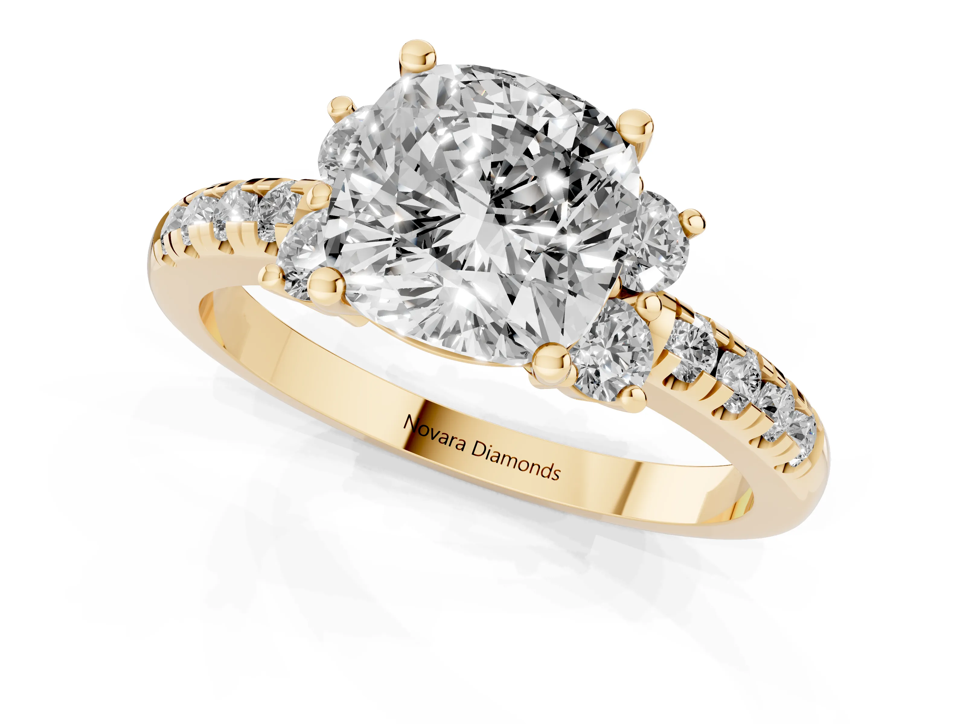 Cushion Cut Diamond Three-Stone Pavé Ring Set in Yellow gold with Prong Setting