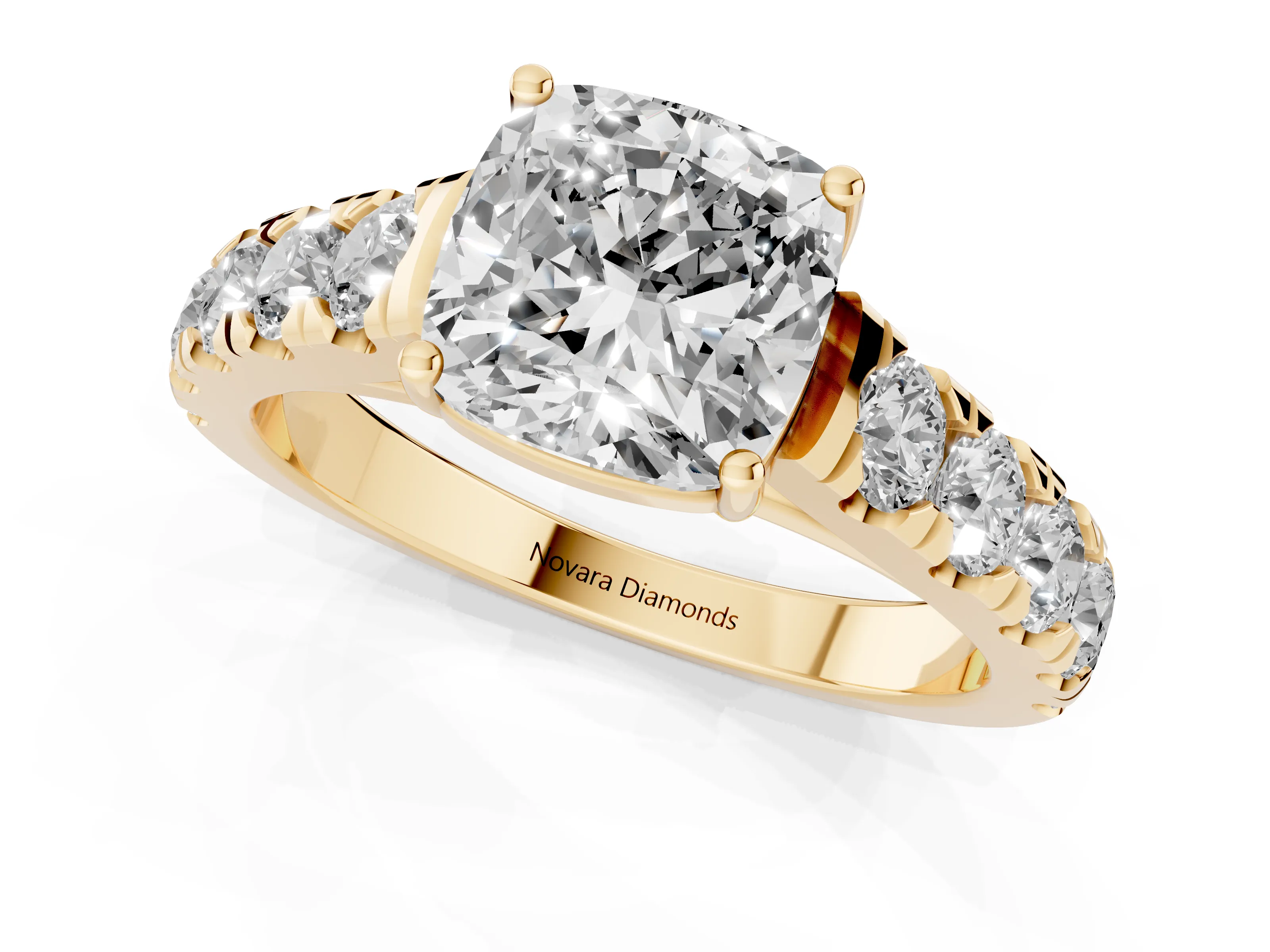 Cushion Cut Diamond Solitaire Ring Set in Yellow gold with Cut-Down Micro Pavé Band and Prong Setting