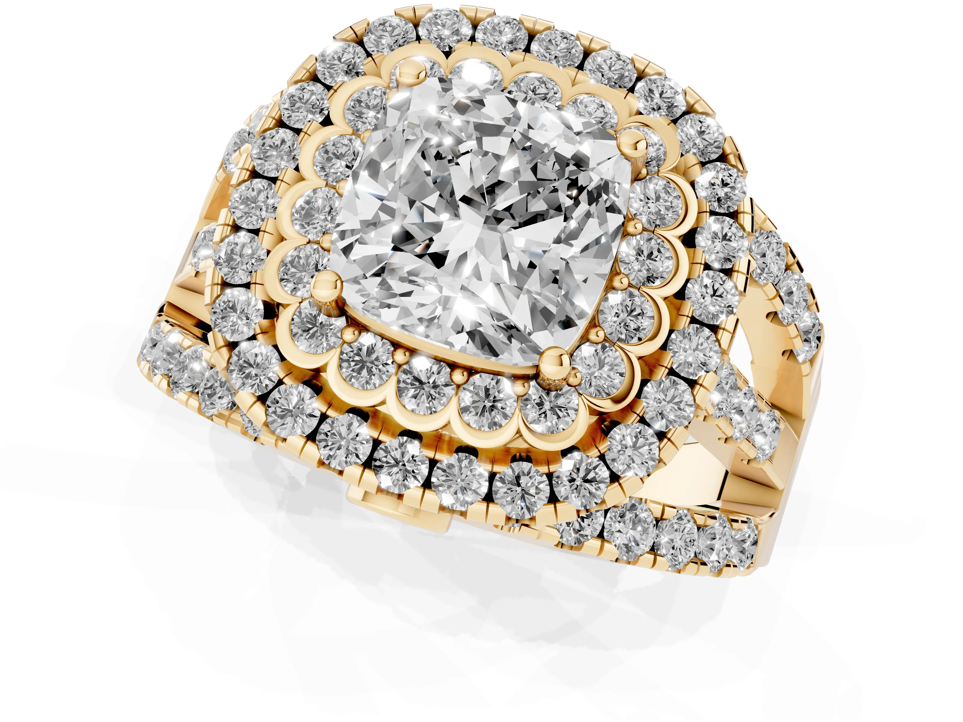 Cushion Cut Diamond Double Halo Ring Set in Yellow gold with Round Pavé Split Shank