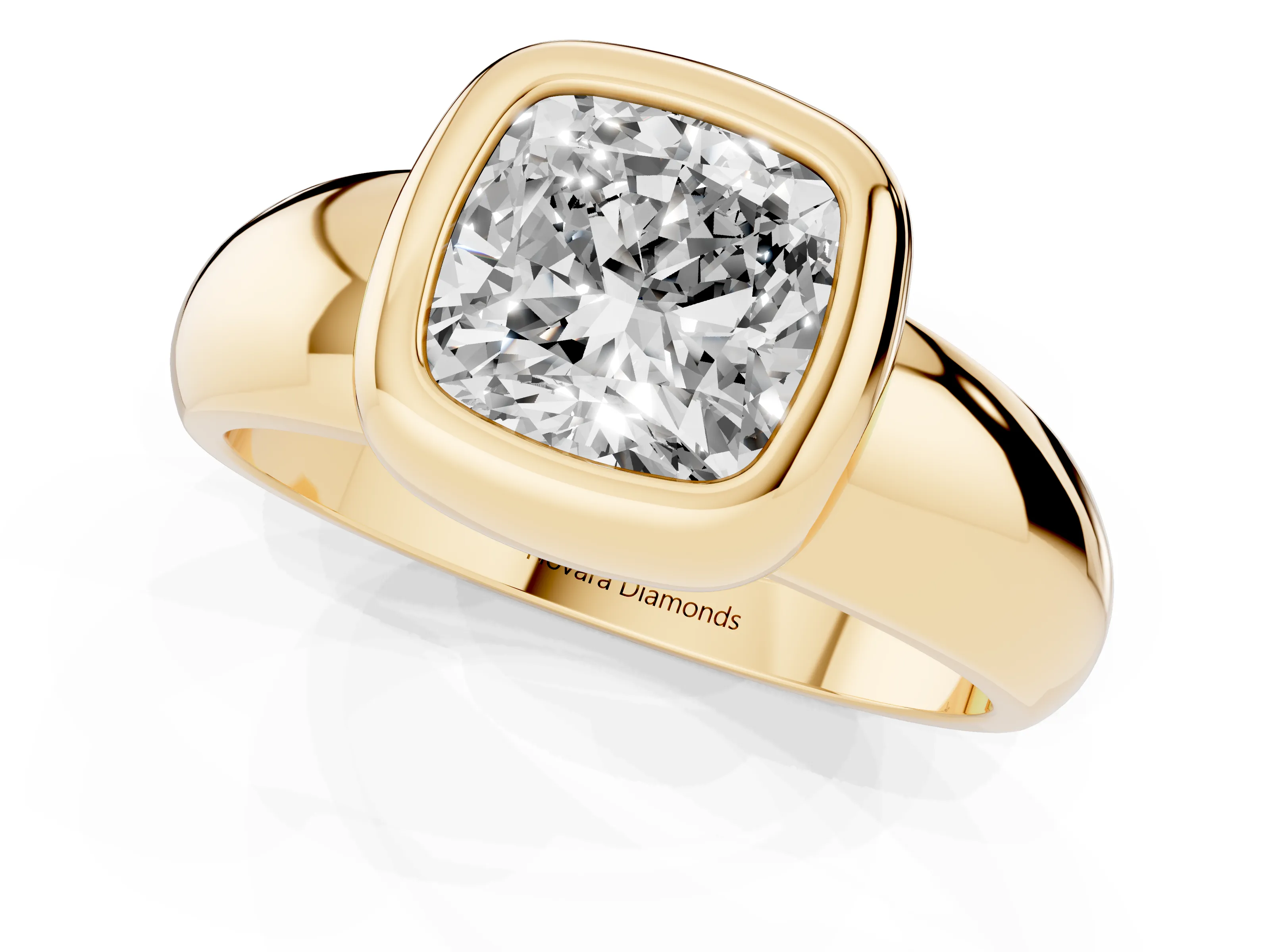 Bezel Set Cushion Cut Diamond Solitaire Ring Set in Yellow gold with Wide Band