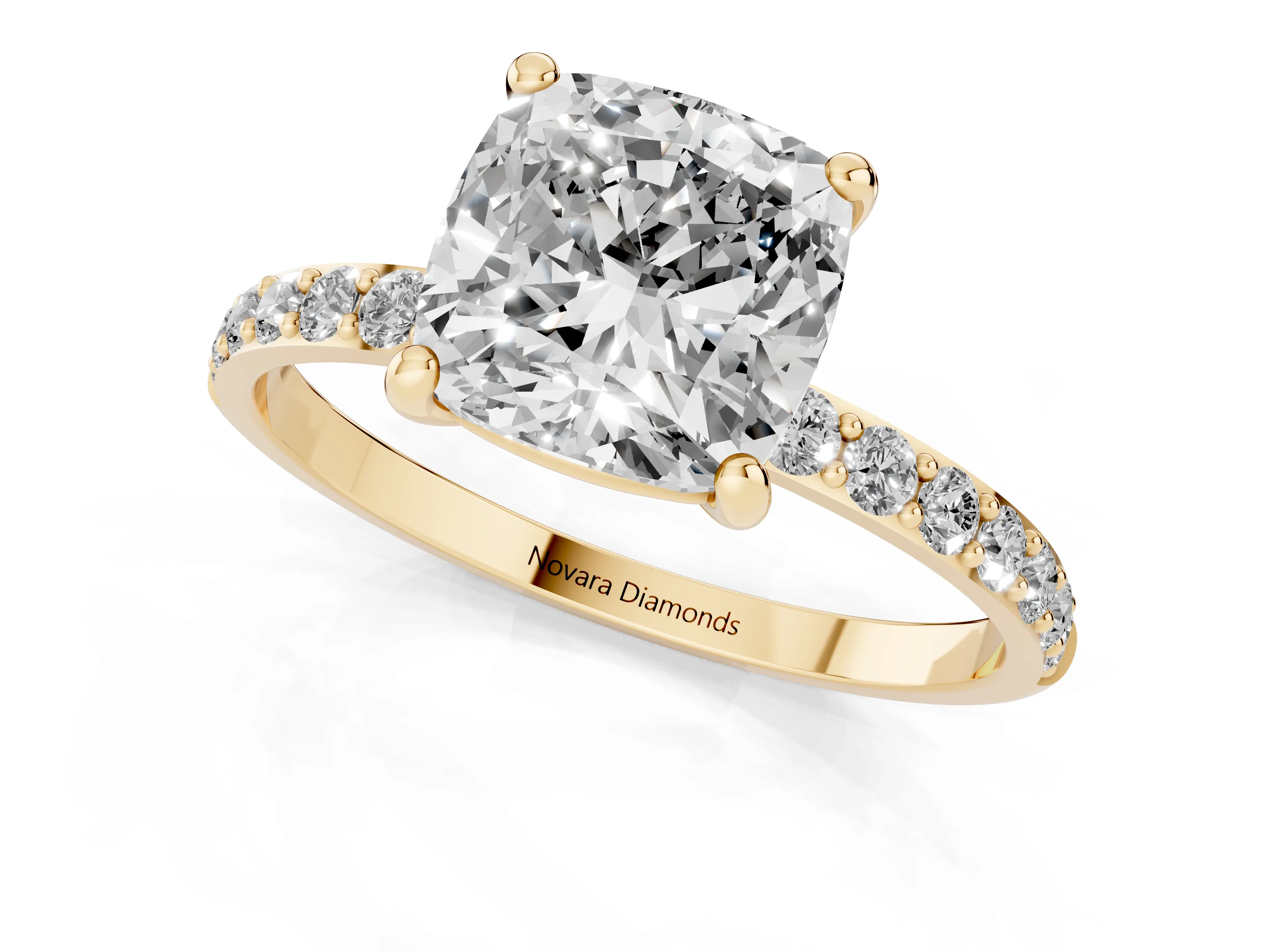 Cushion Cut Diamond Solitaire Ring Set in Yellow gold with Round Pavé Band and Prong Setting