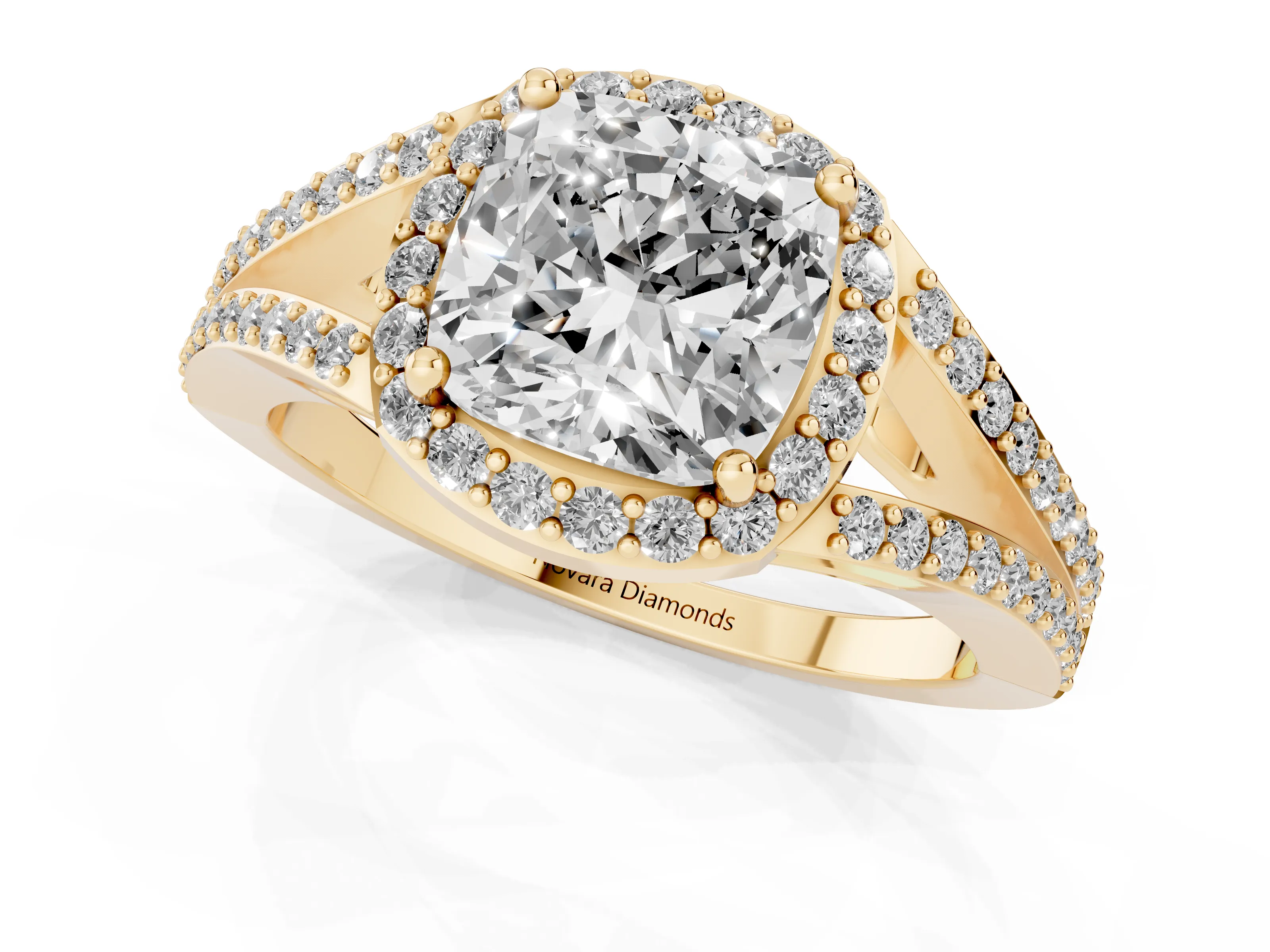 Cushion Cut Diamond Halo Split Shank Ring Set in Yellow gold with Accent Stones and Prong Setting