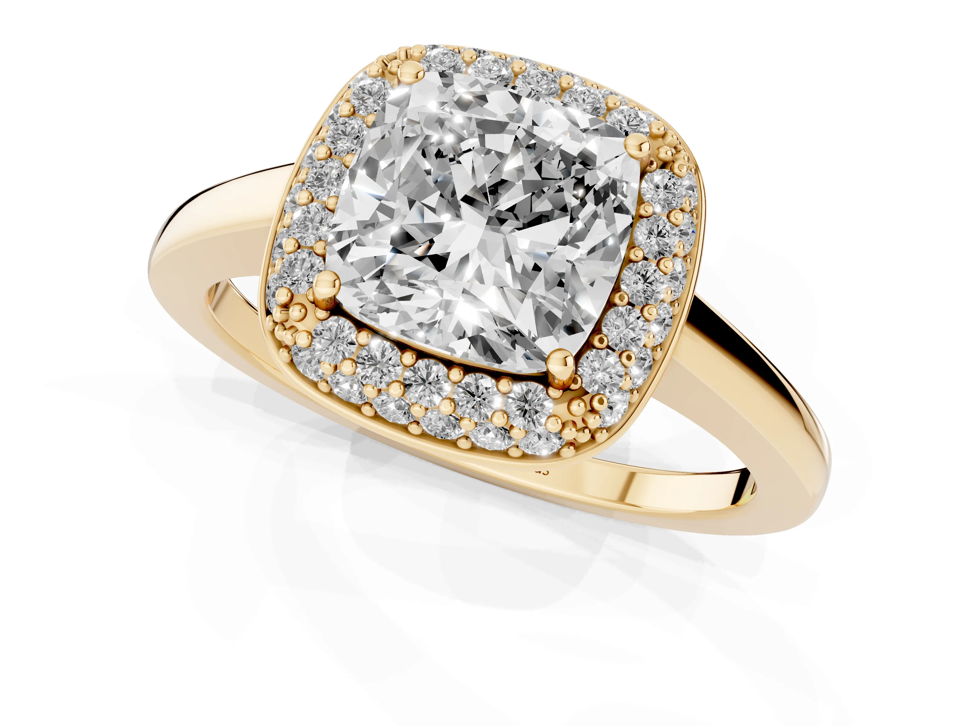 Cushion Cut Diamond Halo Engagement Ring Set in Yellow gold with Solitaire Band and Prong Setting