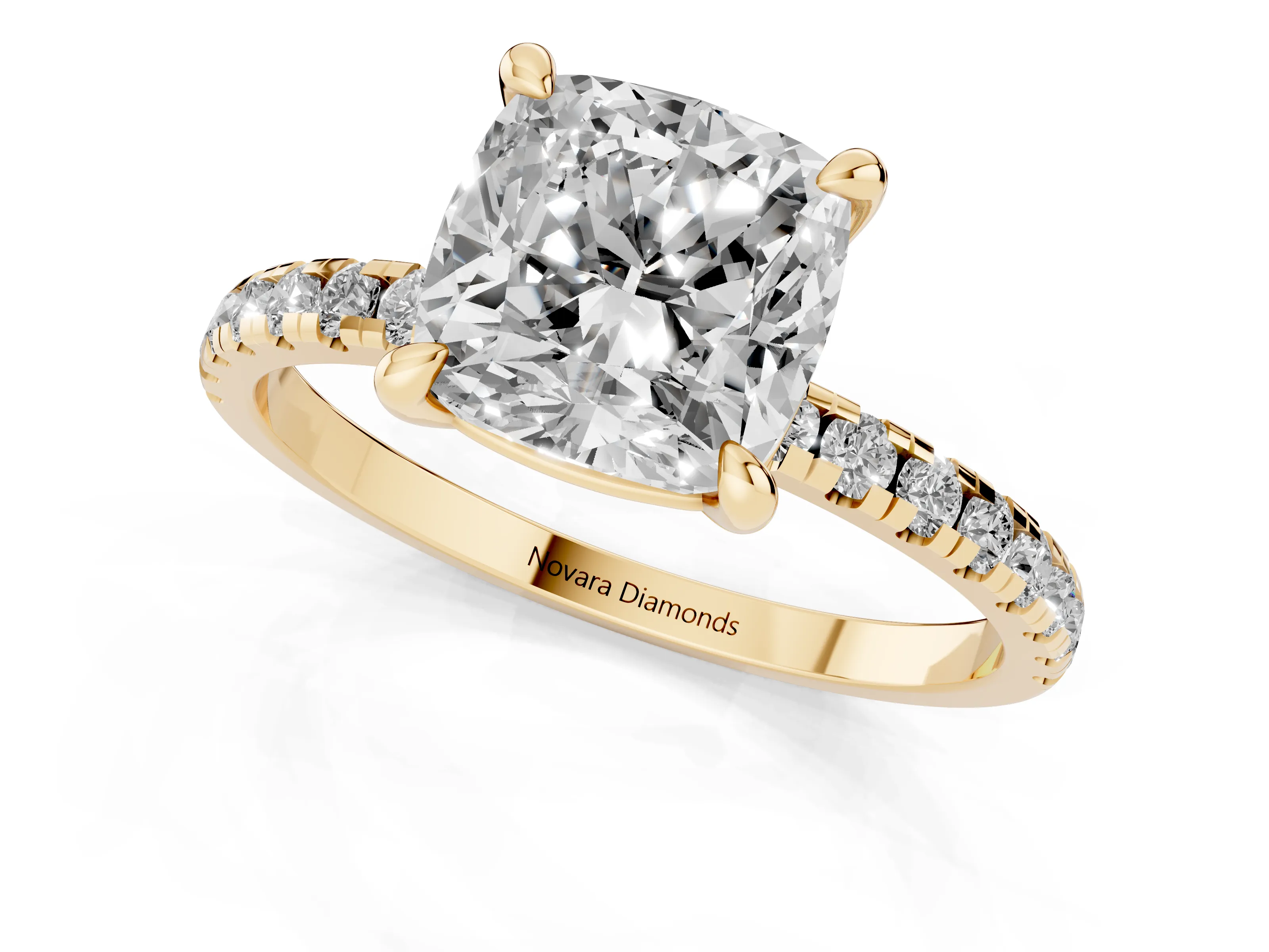 Cushion Cut Diamond Brilliant Solitaire Ring Set in Yellow gold with Pavé Band and Prong Setting