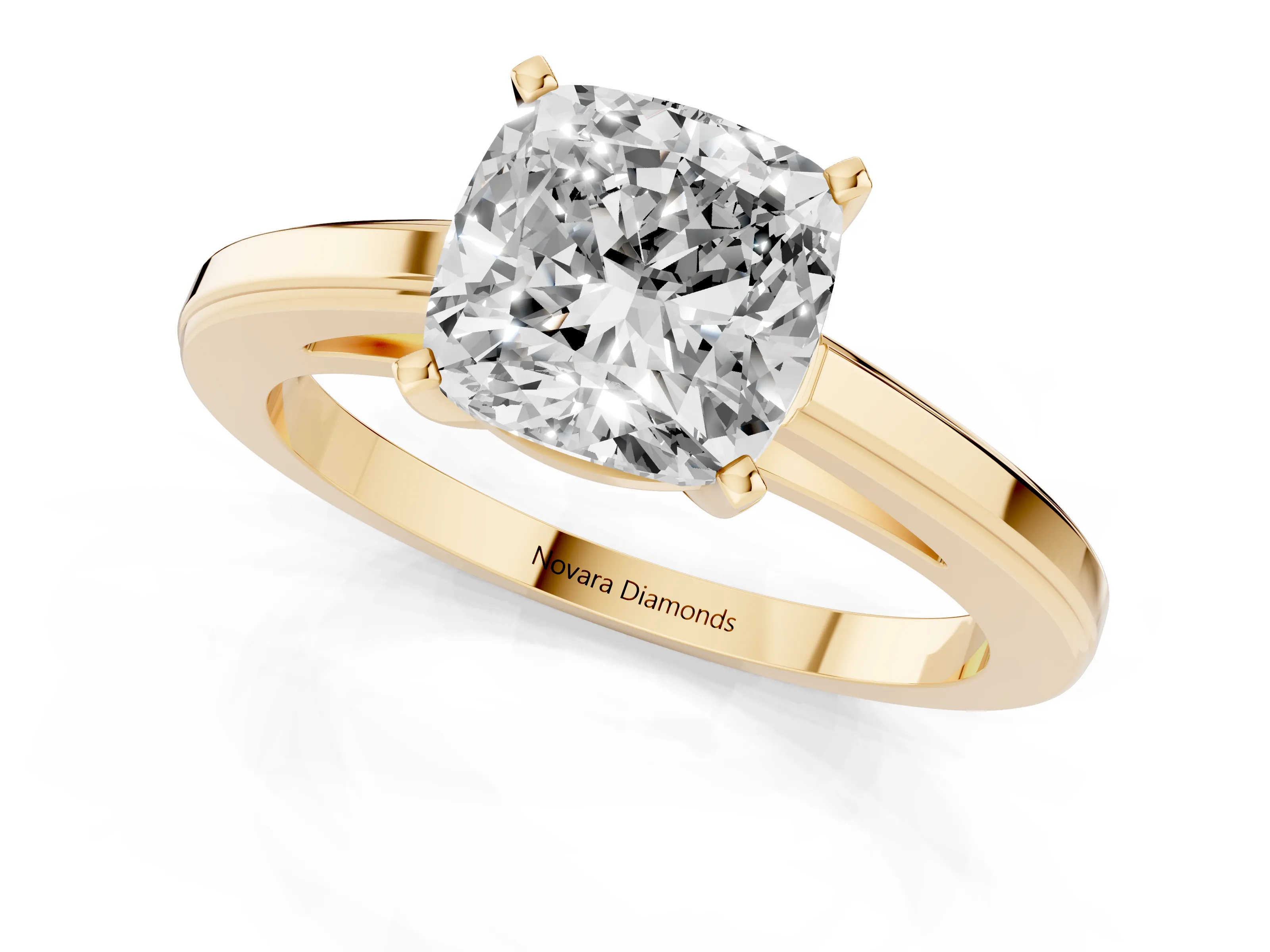 Cushion Cut Diamond Solitaire Ring Set in Yellow gold with Prong Setting and Classic Band