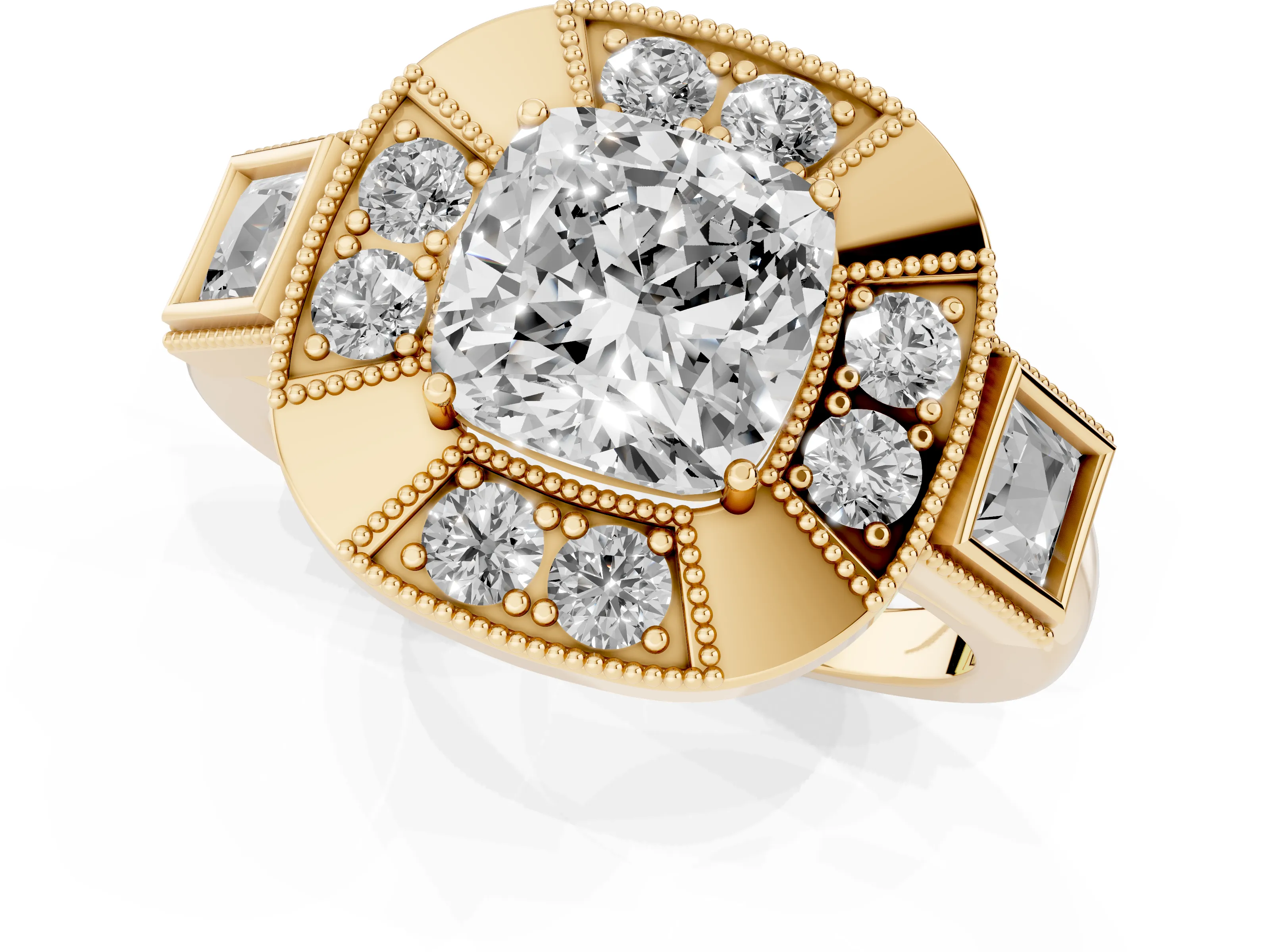 Cushion Cut Diamond Milgrain Halo Ring Set in Yellow gold with Split Shank