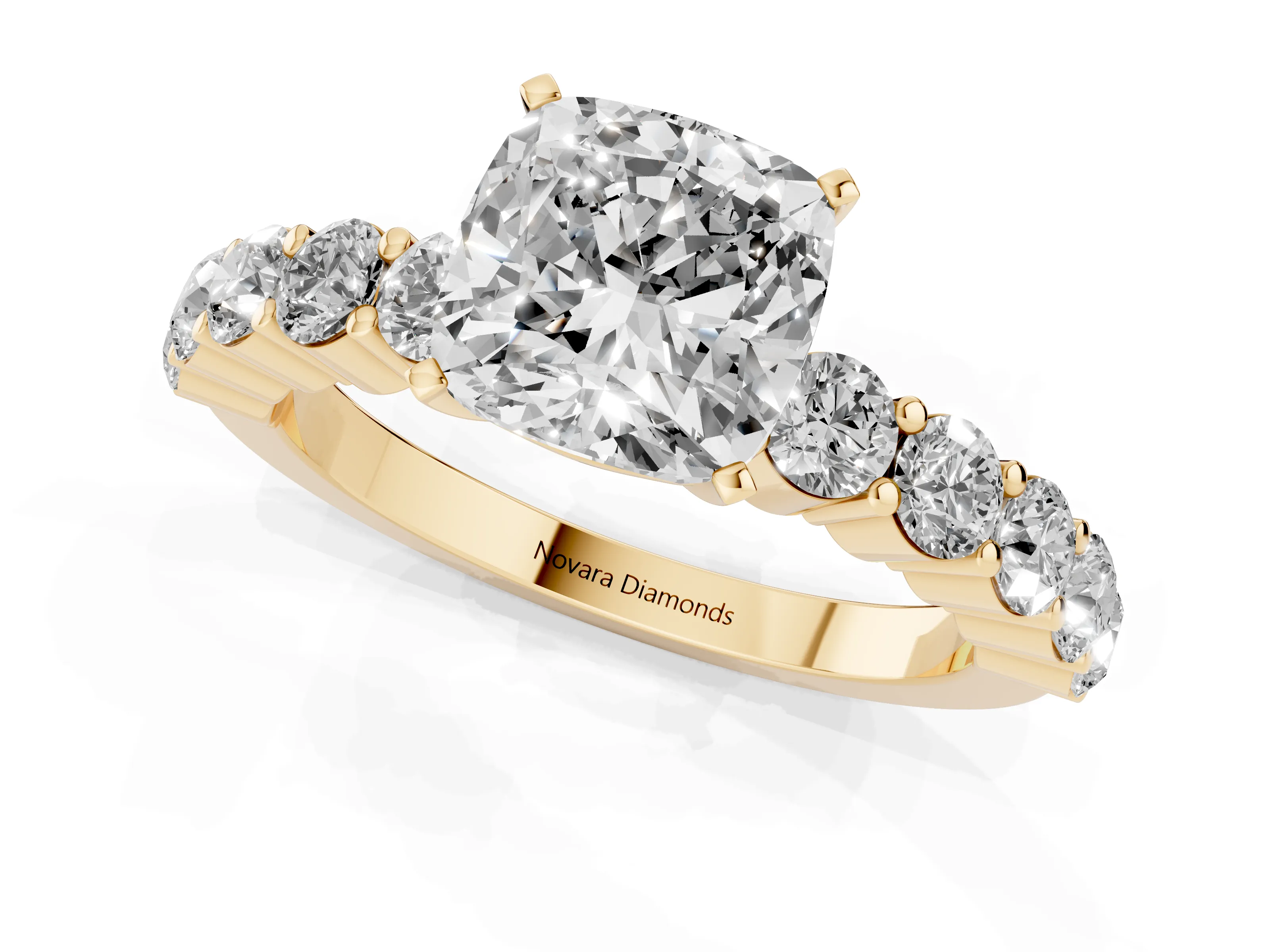 Cushion Cut Diamond Solitaire Ring Set in Yellow gold with Shared Prong Round Side Stones