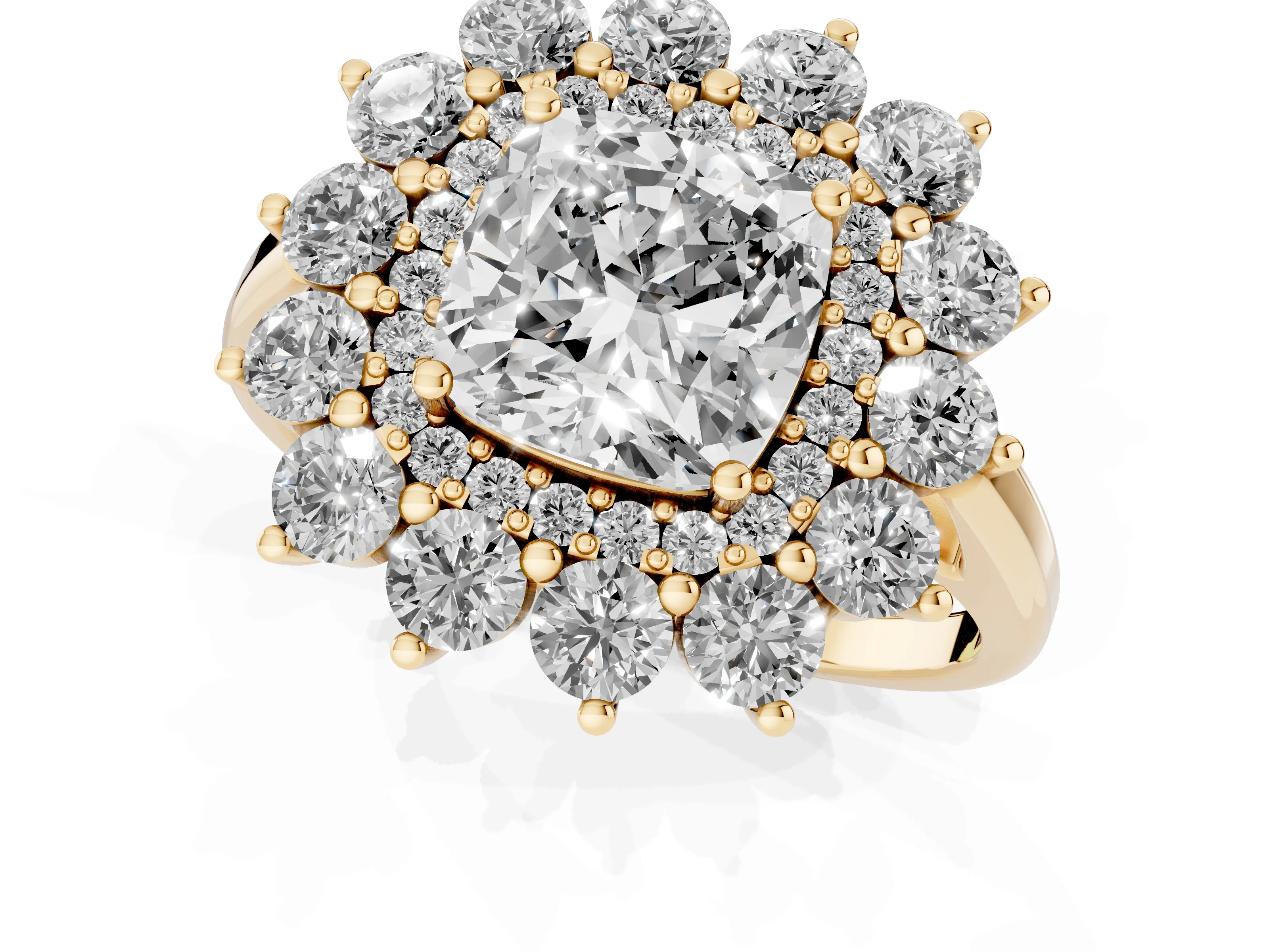 Cushion Cut Diamond Floral Double Halo Ring Set in Yellow gold with Round Petals
