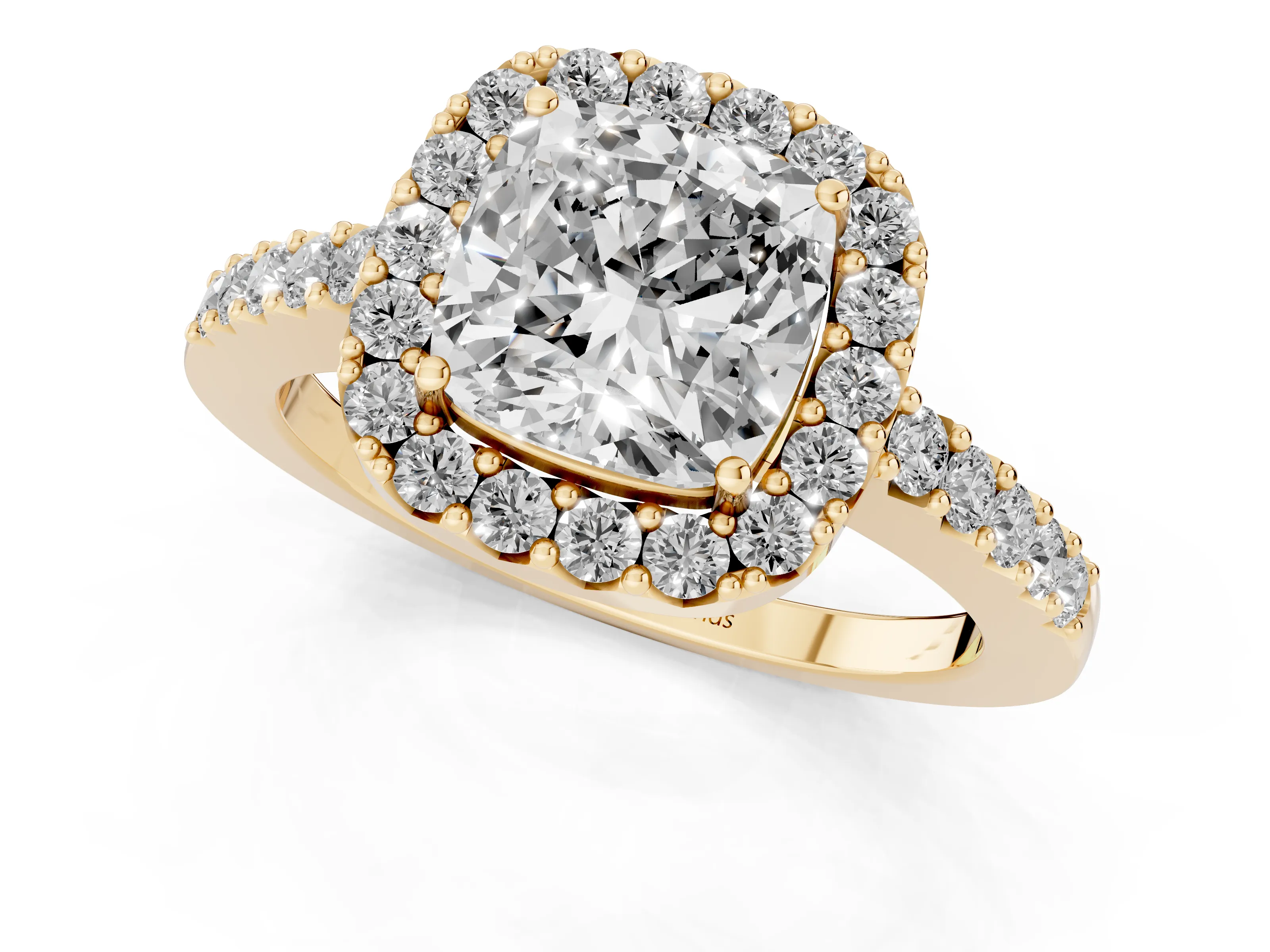 Cushion Cut Diamond Halo Pavé Solitaire Ring Set in Yellow gold with Prong-Set Center Stone