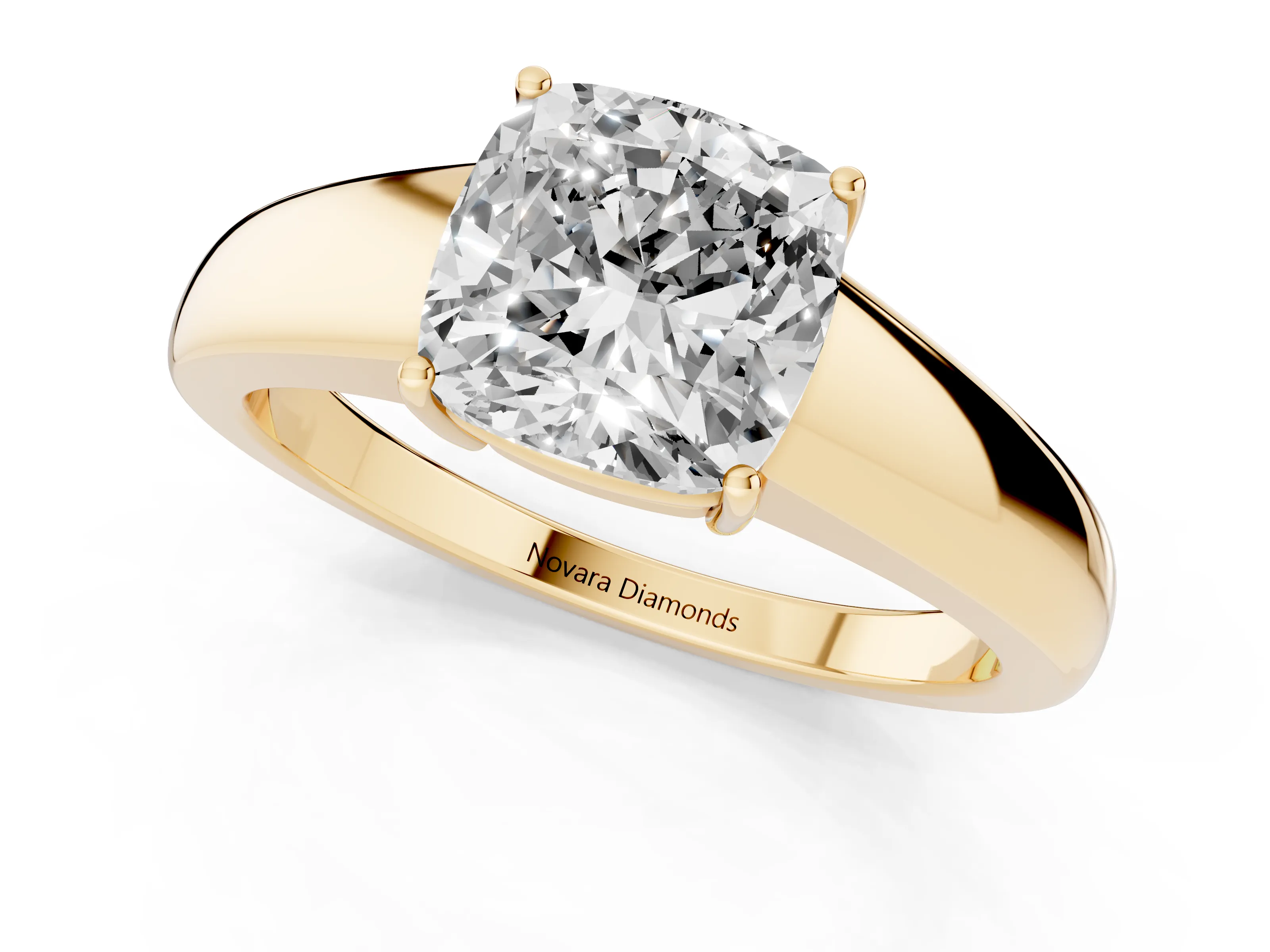 Cushion Cut Diamond Solitaire Ring Set in Yellow gold with Tapered Band and Prong Setting