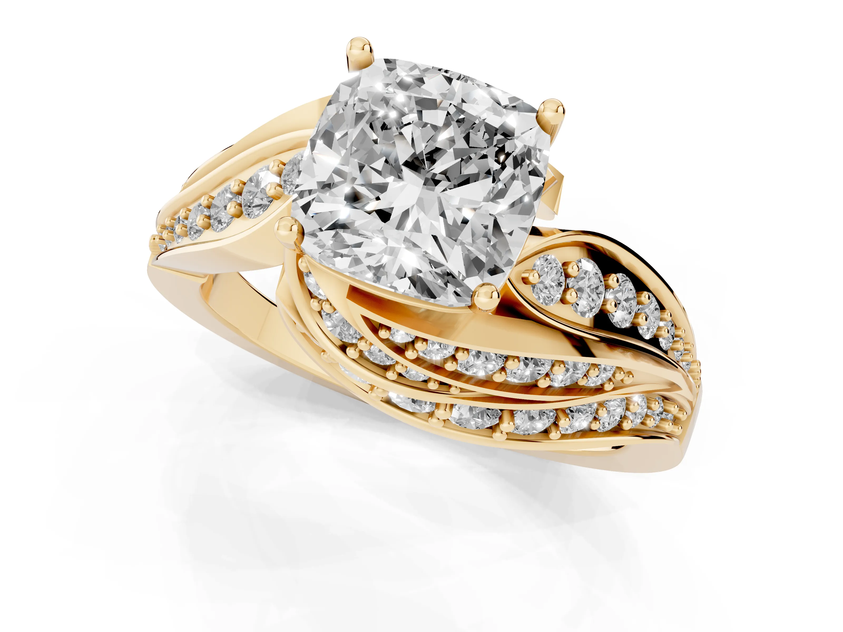 Cushion Cut Diamond Solitaire Ring Set in Yellow gold with Layered Twist Pavé Band