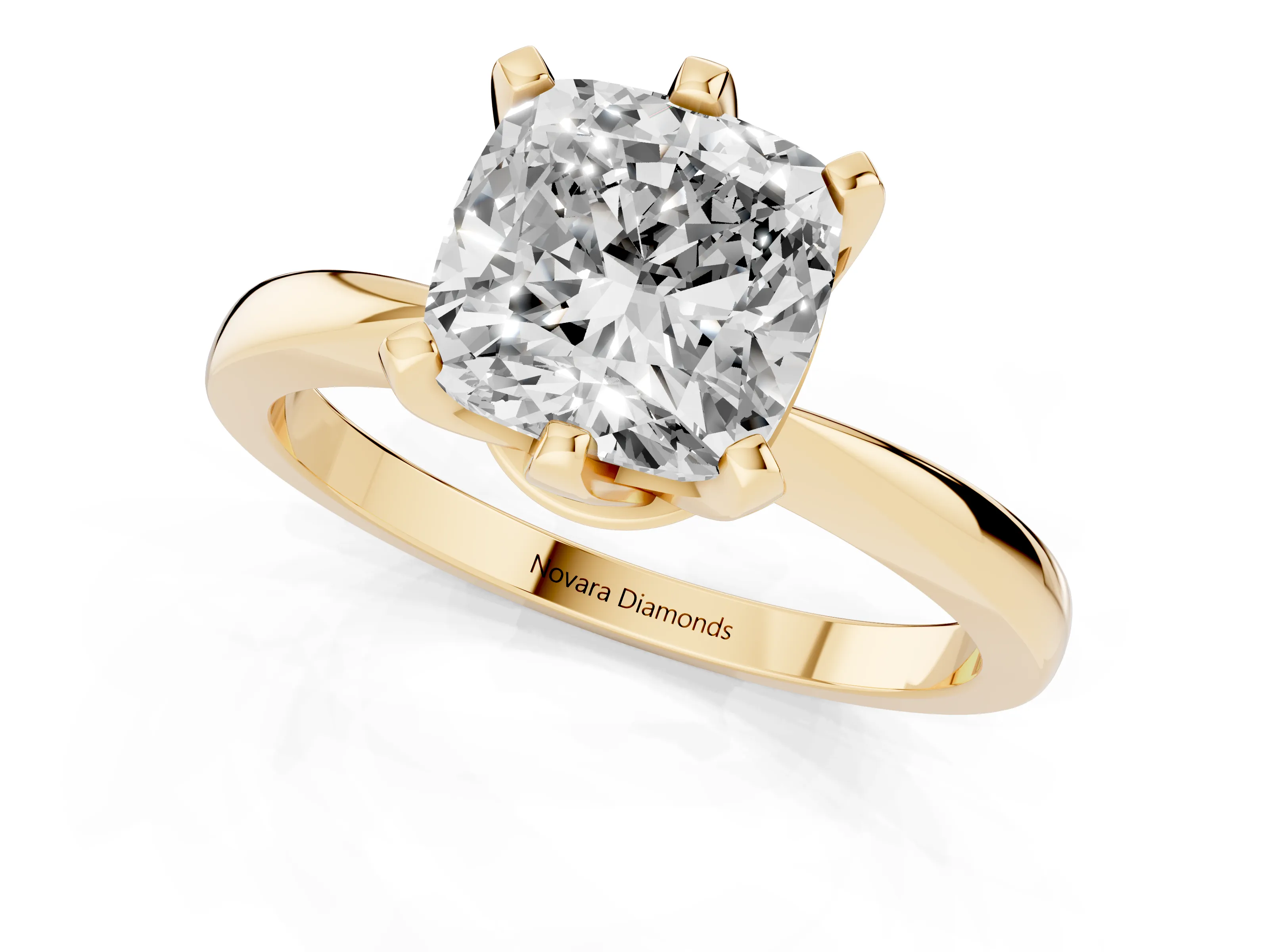 Cushion Cut Diamond Solitaire Engagement Ring Set in Yellow gold with Slim Tapered Solitaire Band